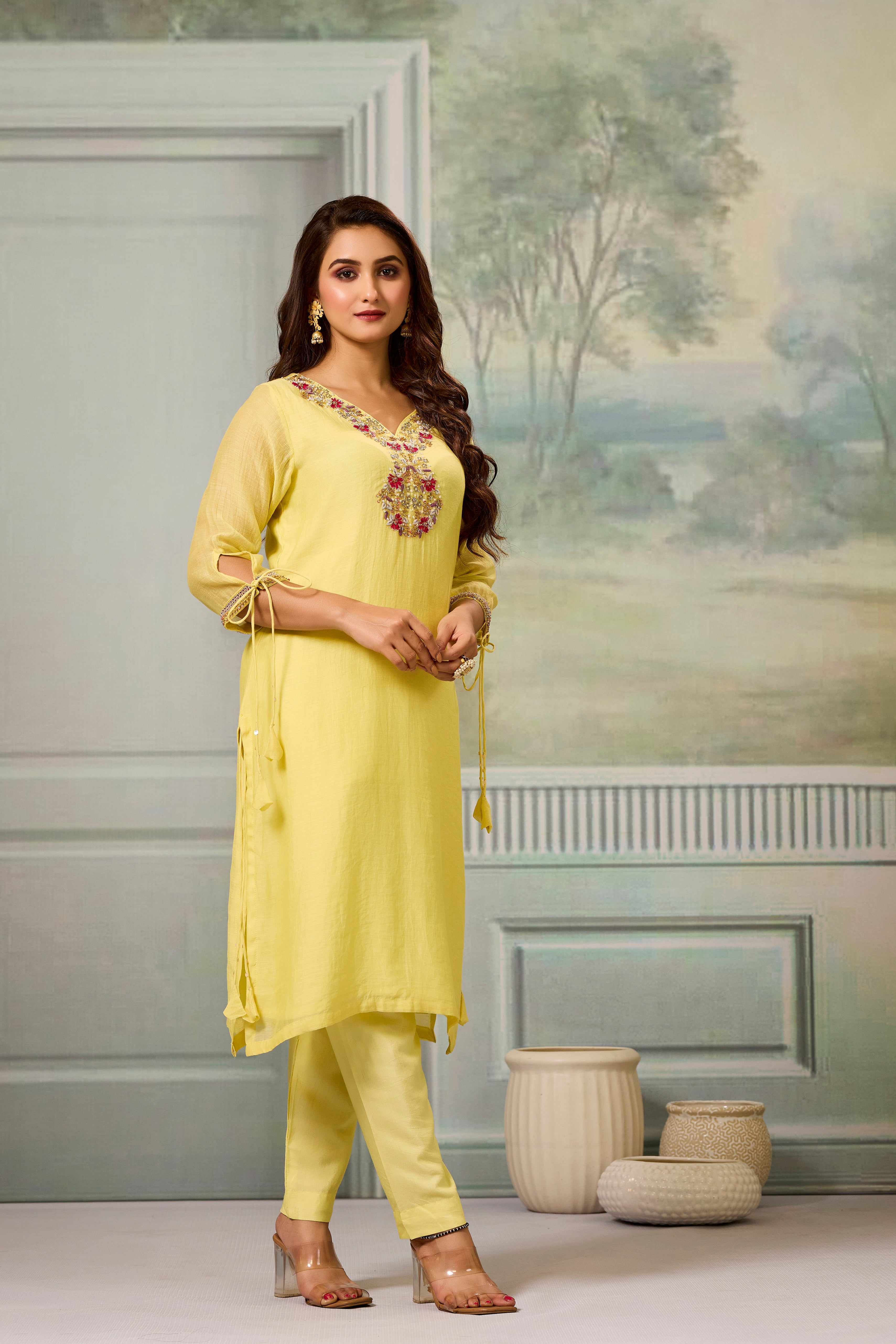Yellow Handwork Mul-Chanderi Silk Kurta Pants Set