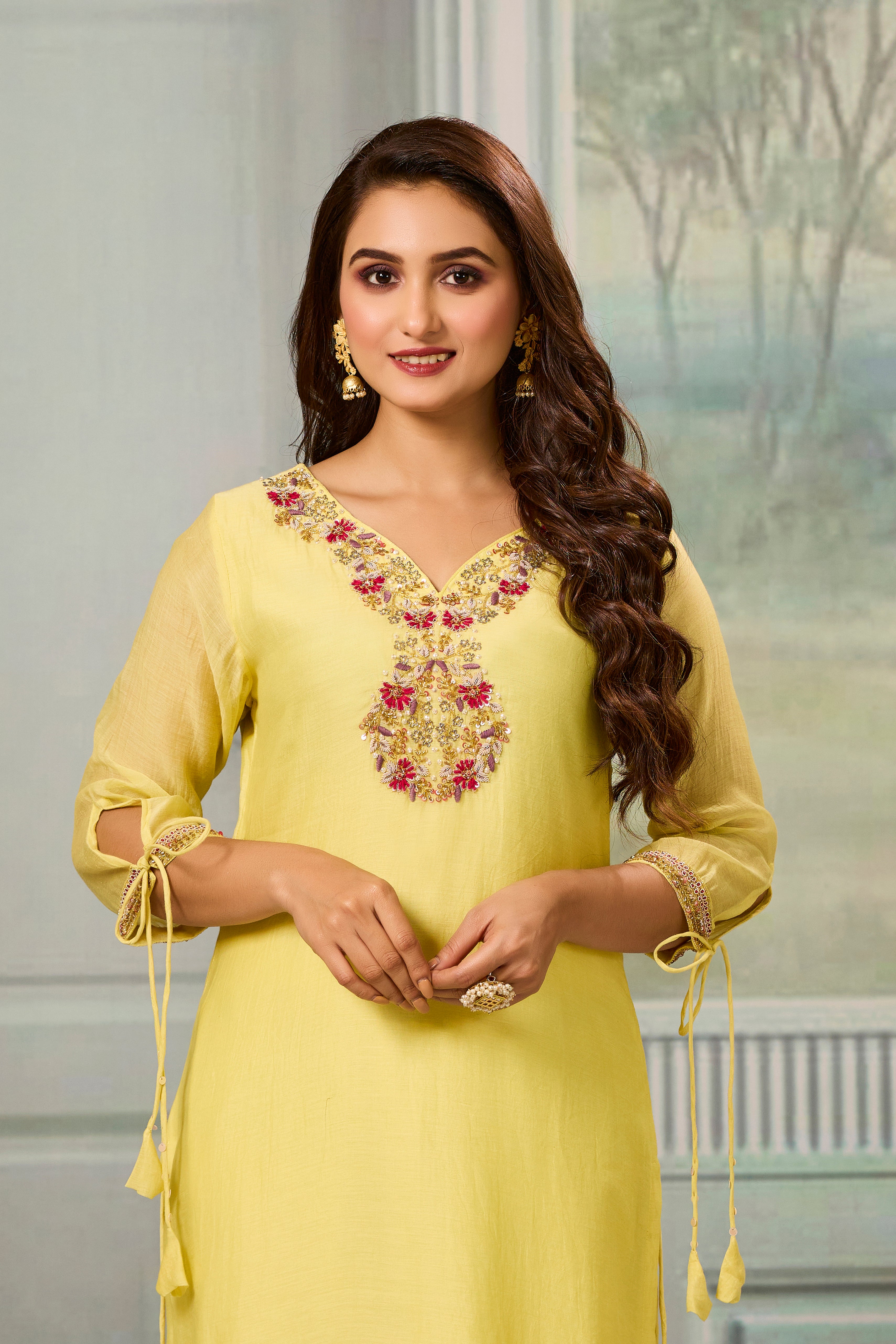 Yellow Handwork Mul-Chanderi Silk Kurta Pants Set