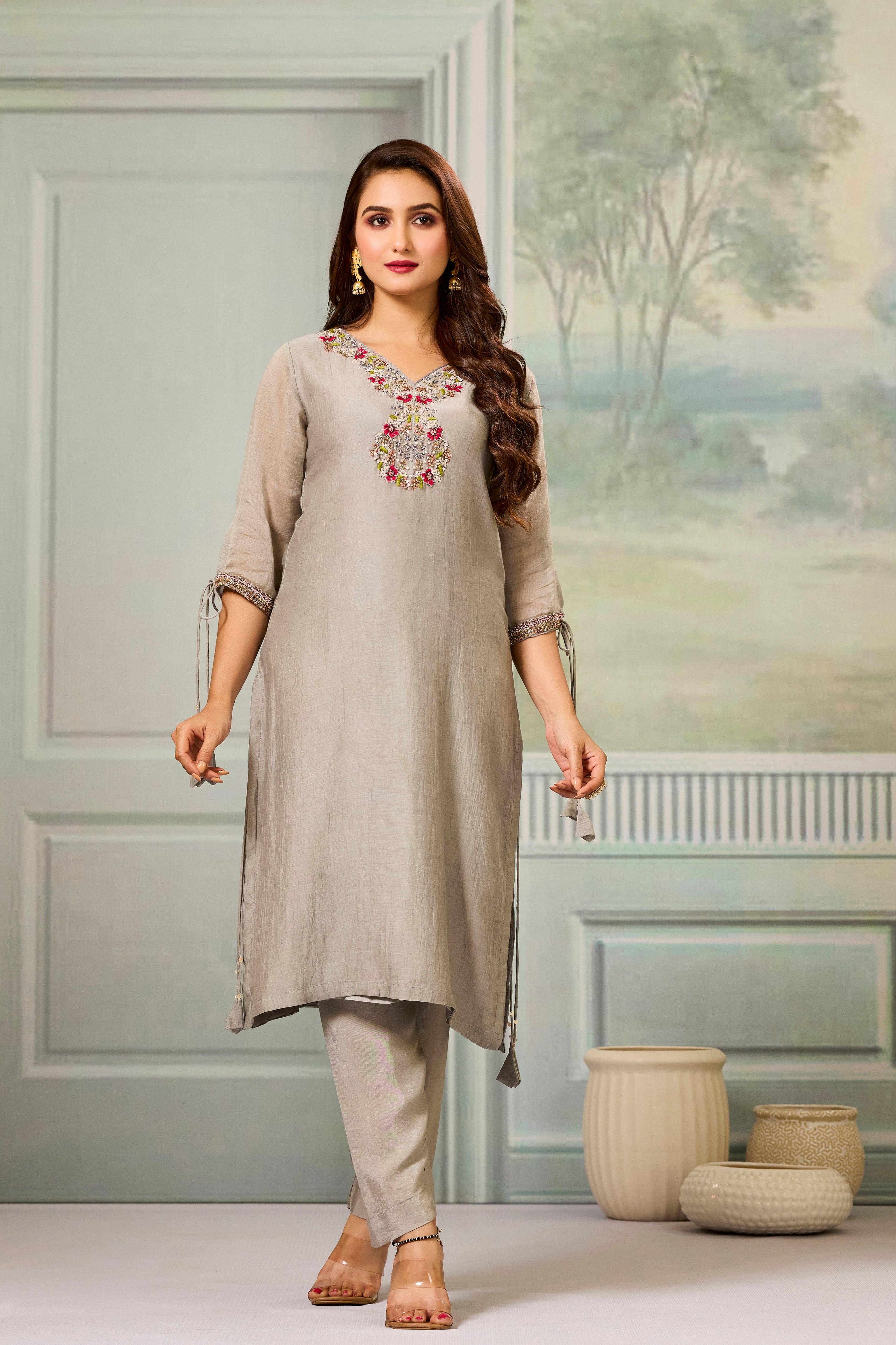 Grey Handwork Mul-Chanderi Silk Kurta Pants Set