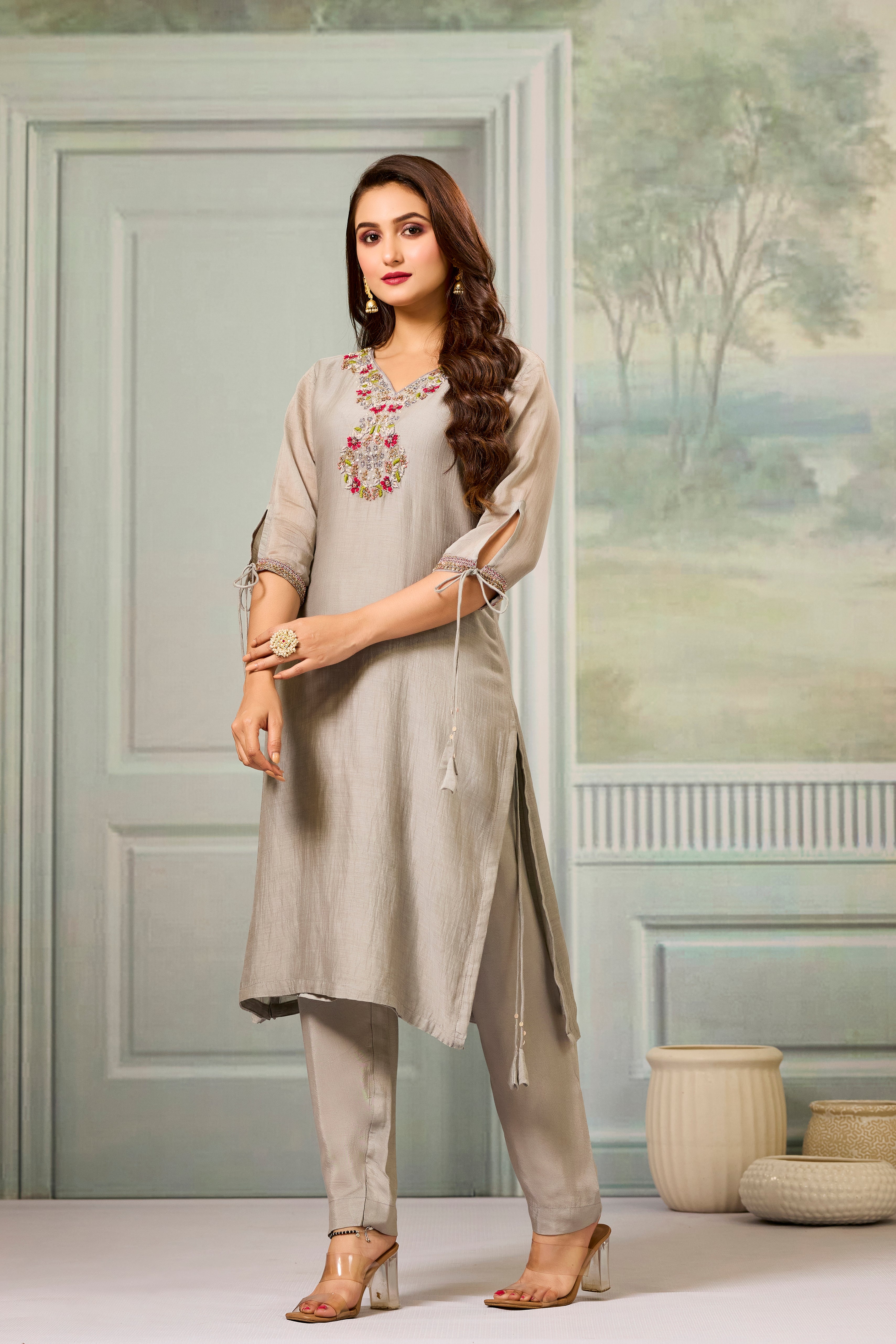 Grey Handwork Mul-Chanderi Silk Kurta Pants Set