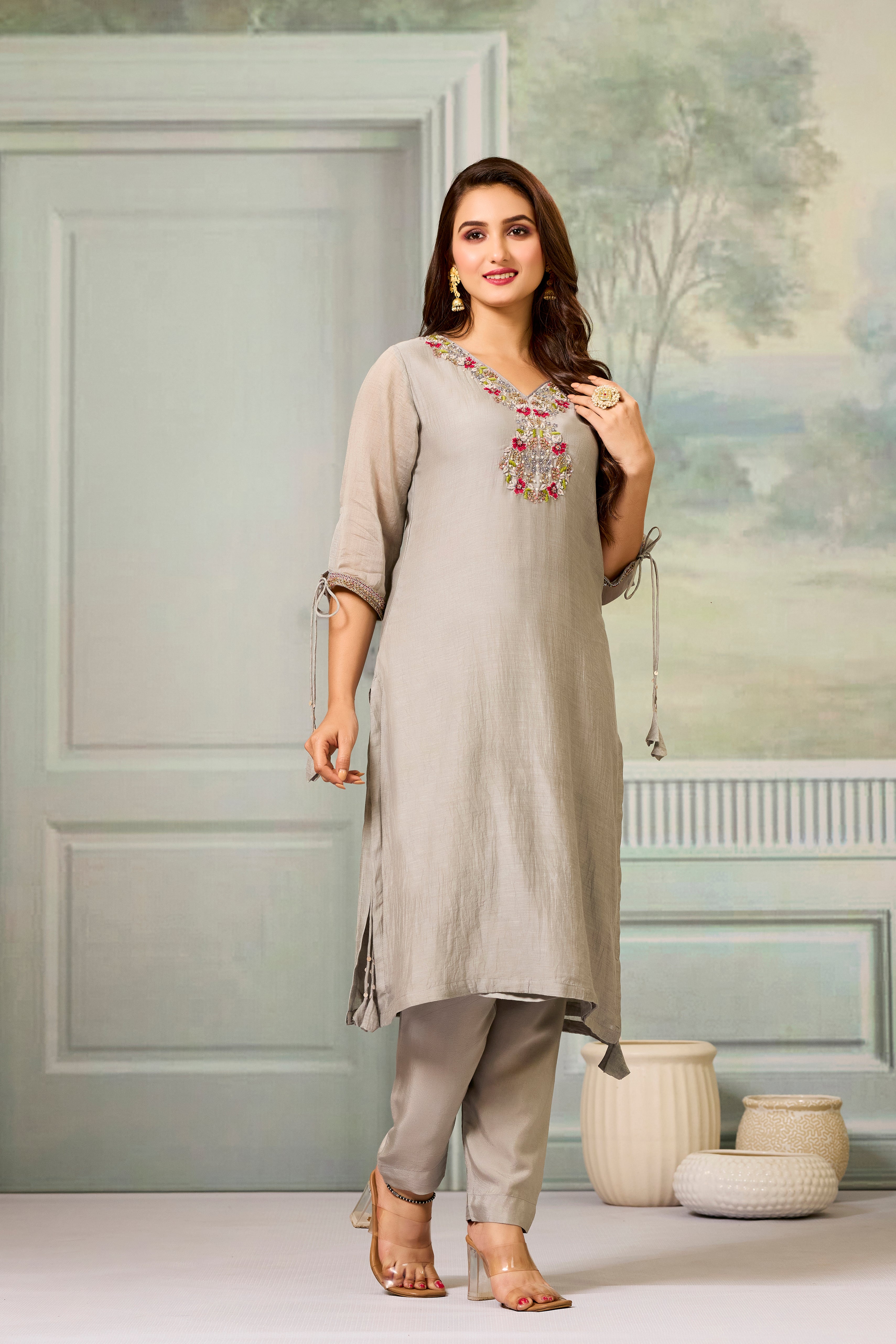 Grey Handwork Mul-Chanderi Silk Kurta Pants Set