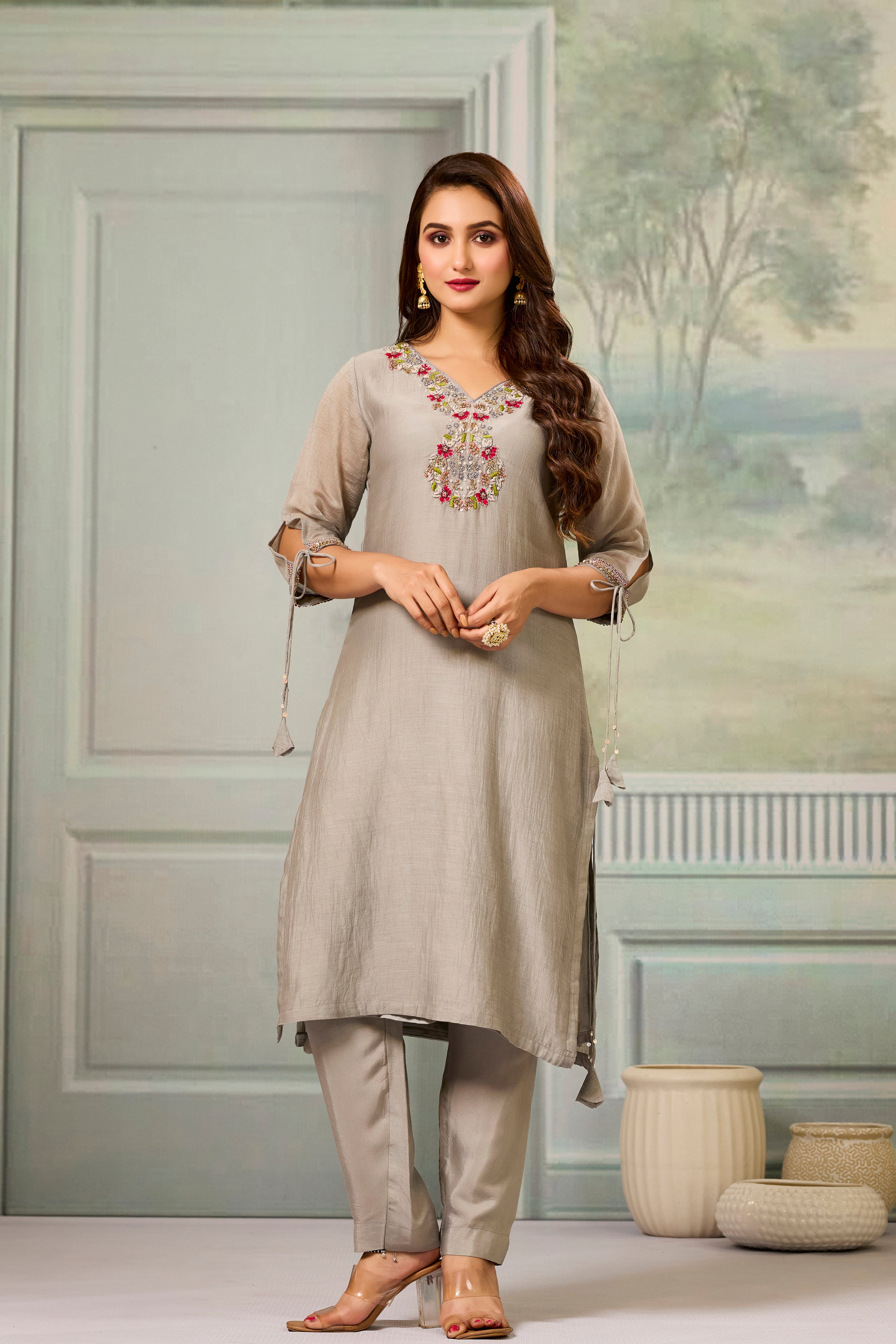 Grey Handwork Mul-Chanderi Silk Kurta Pants Set