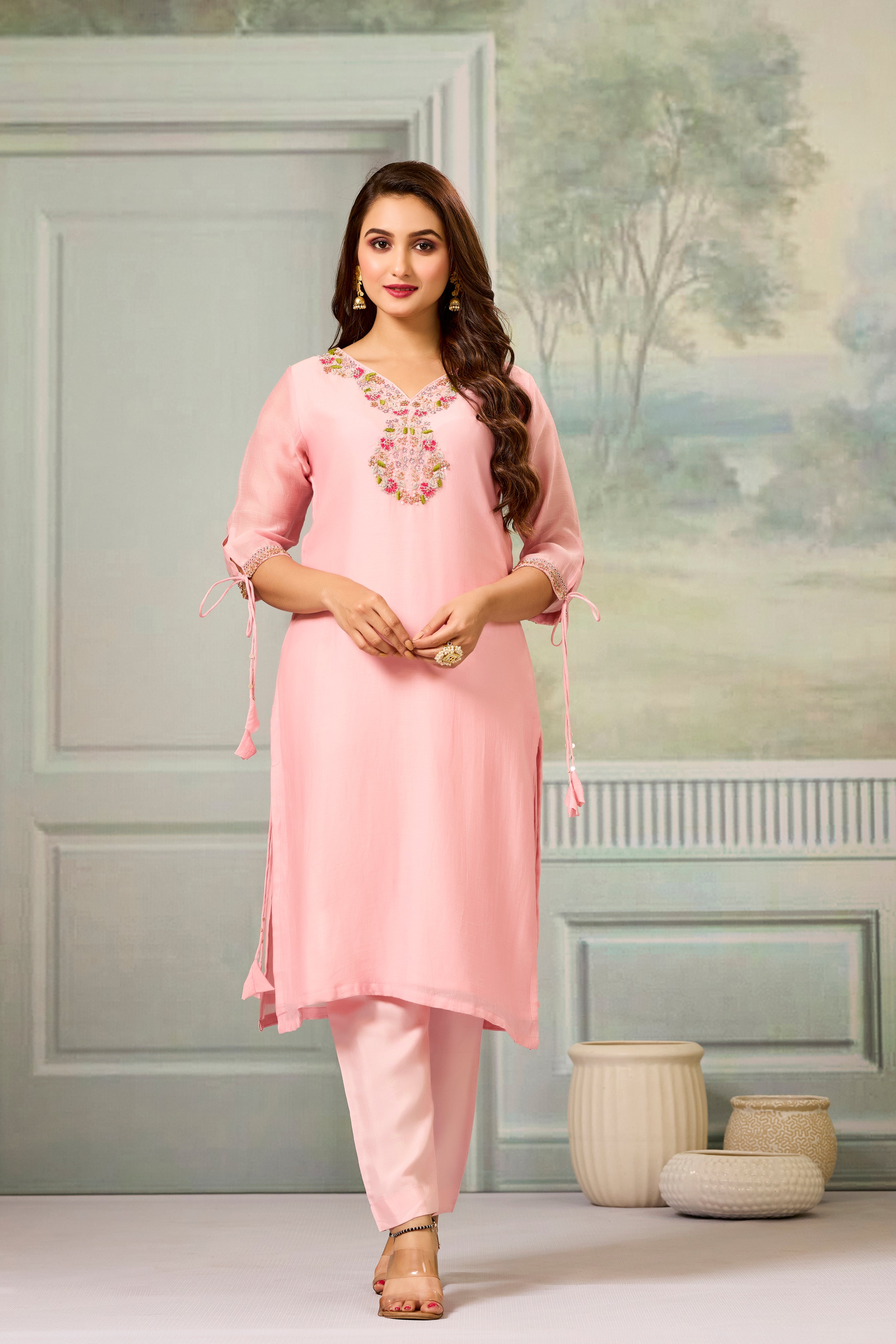 Pink Handwork Mul-Chanderi Silk Kurta Pants Set