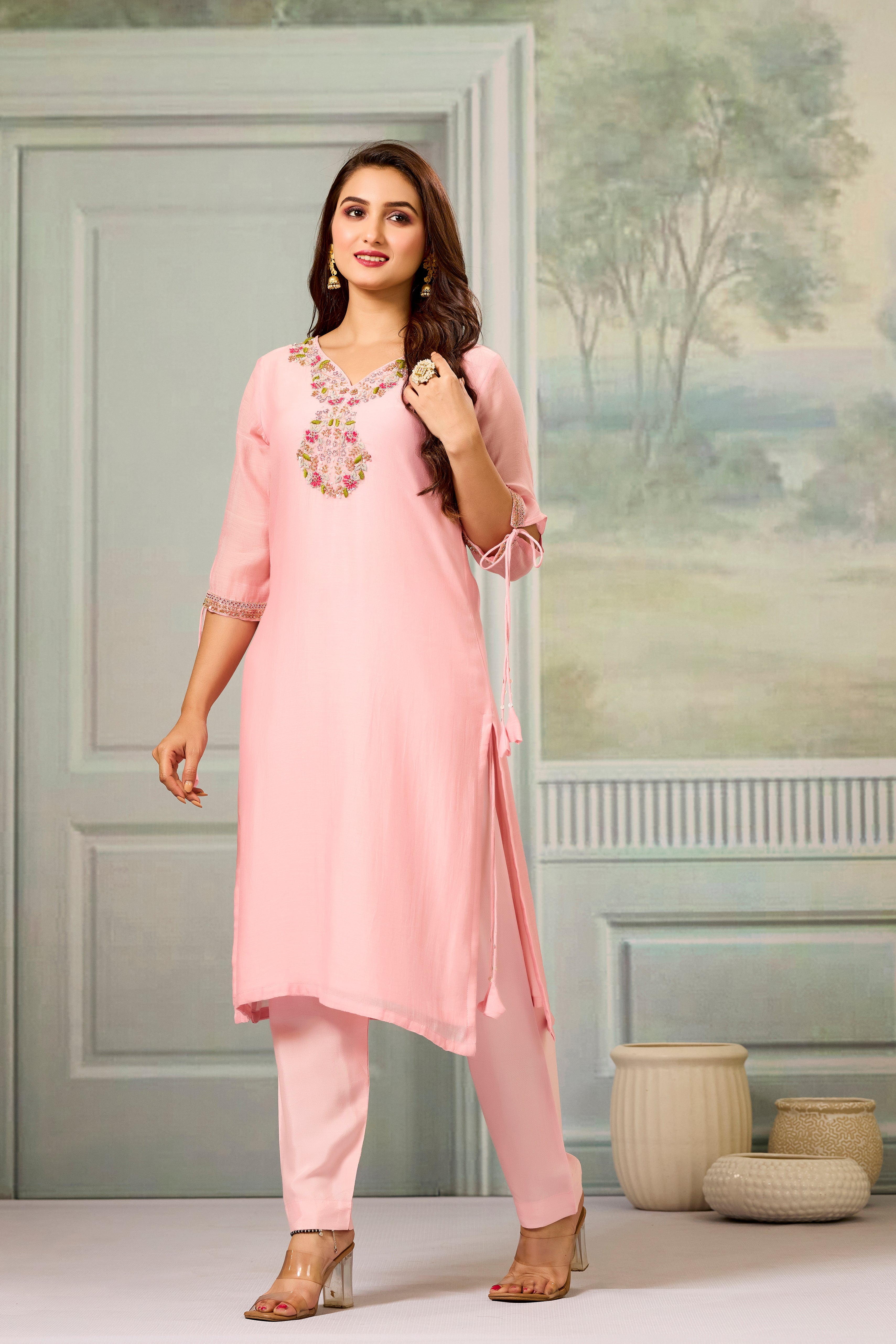 Pink Handwork Mul-Chanderi Silk Kurta Pants Set
