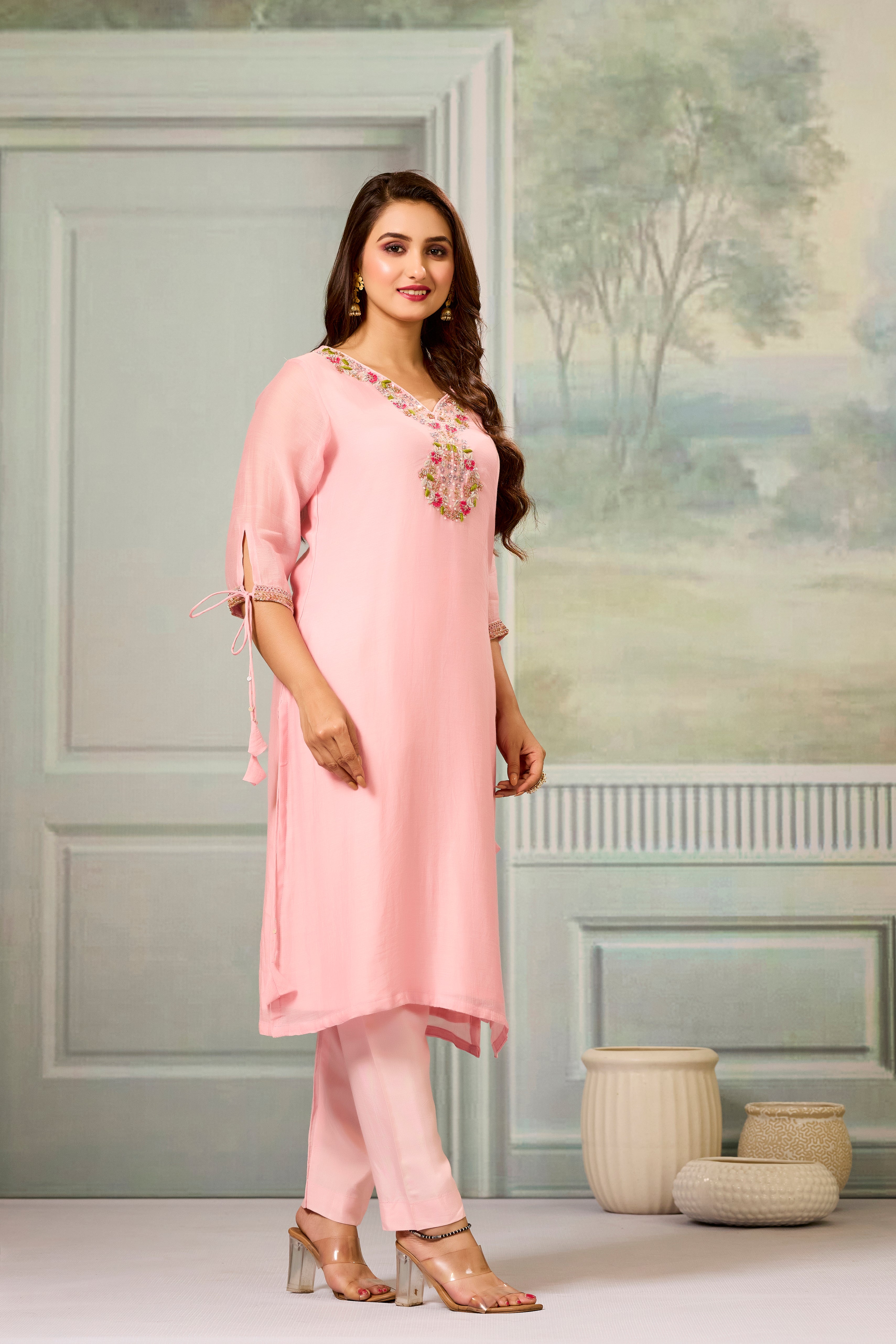 Pink Handwork Mul-Chanderi Silk Kurta Pants Set