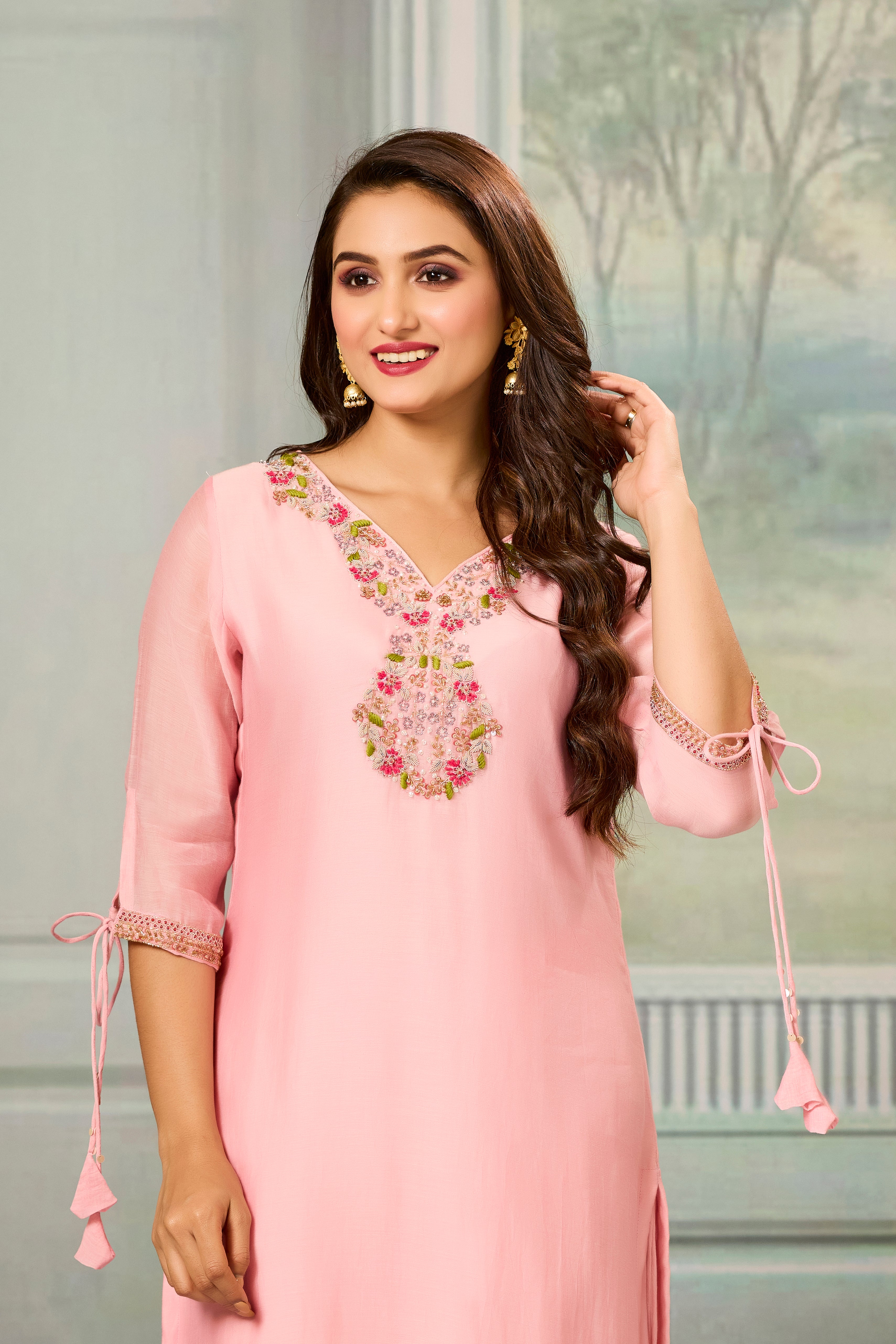 Pink Handwork Mul-Chanderi Silk Kurta Pants Set