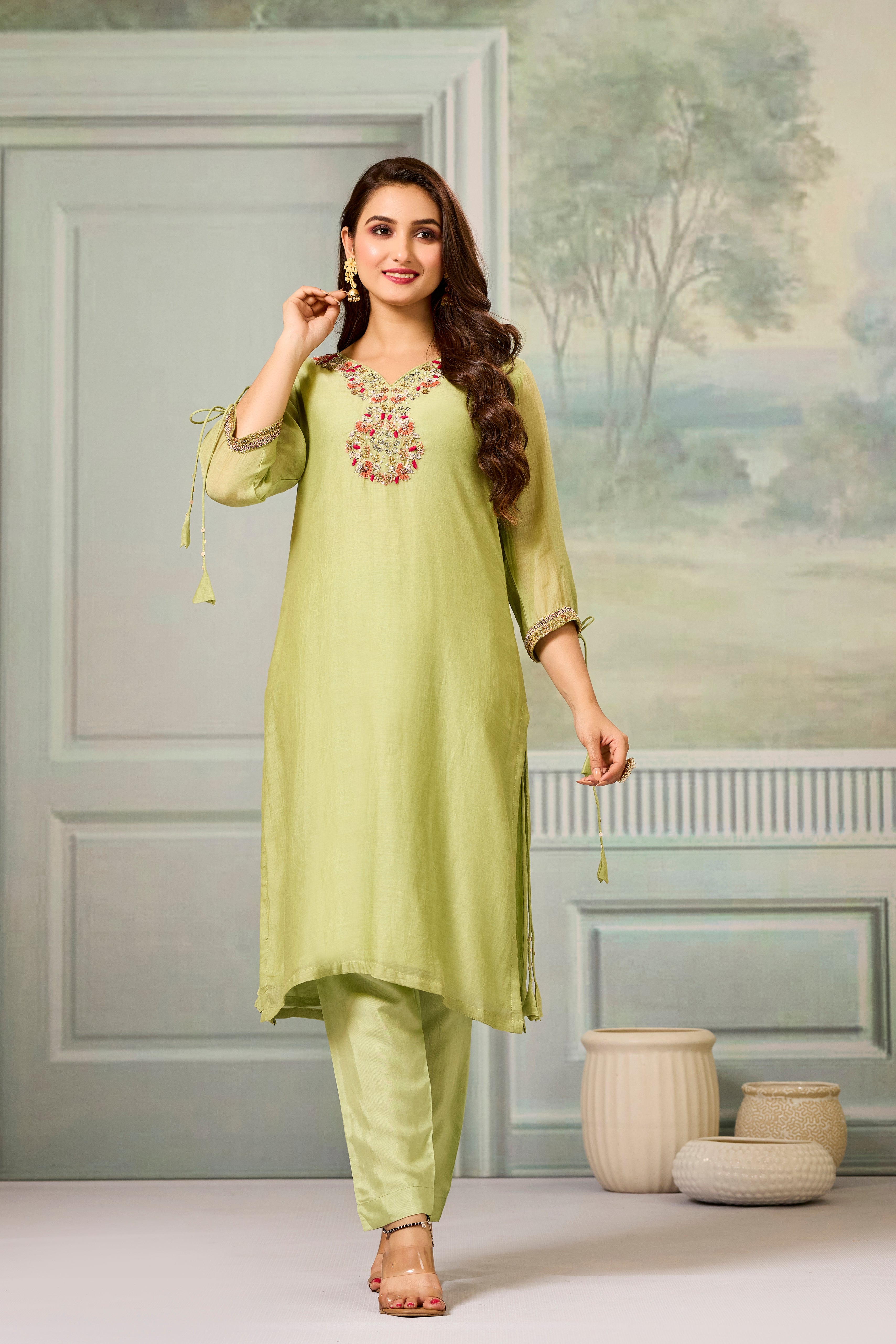 Green Handwork Mul-Chanderi Silk Kurta Pants Set
