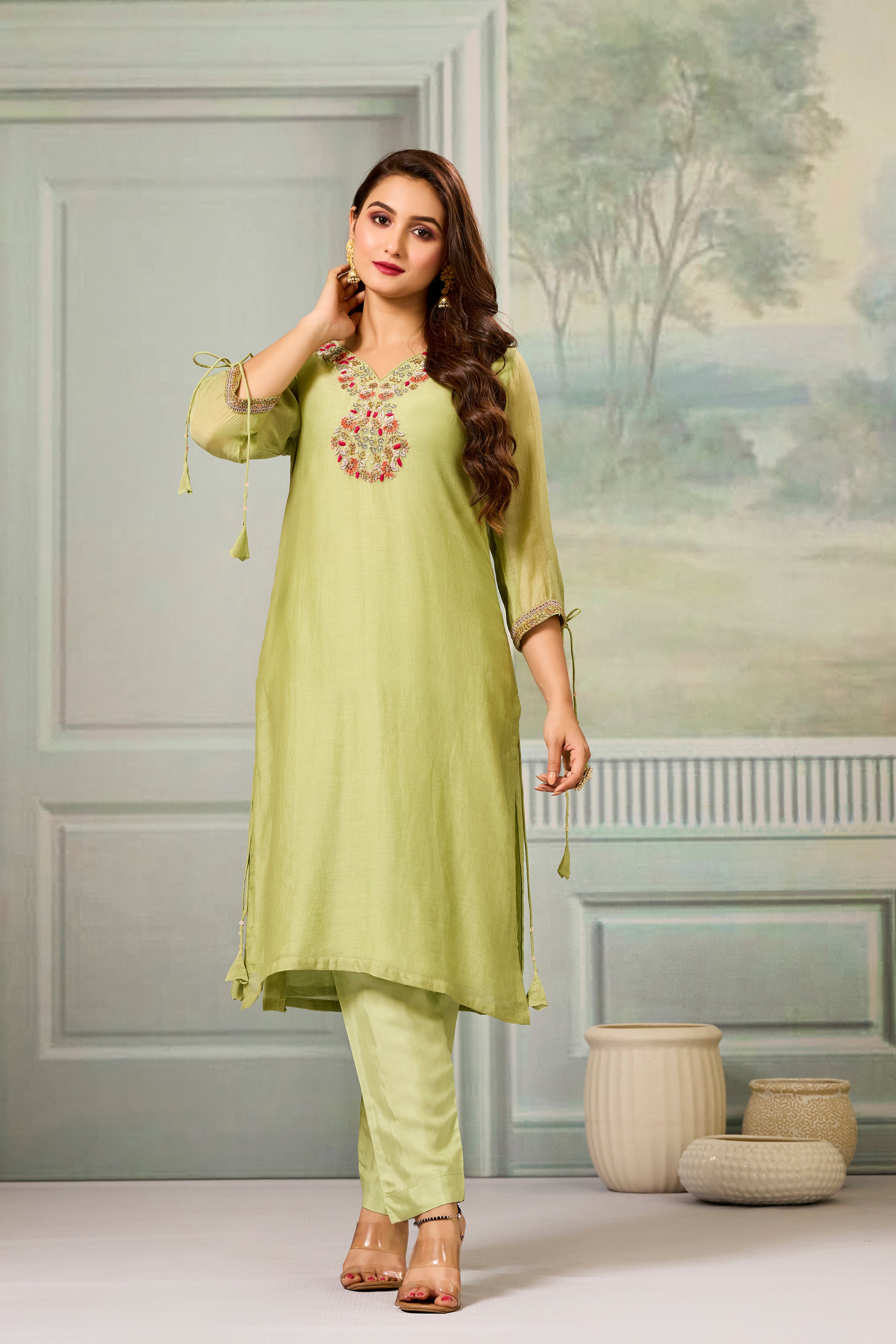 Green Handwork Mul-Chanderi Silk Kurta Pants Set