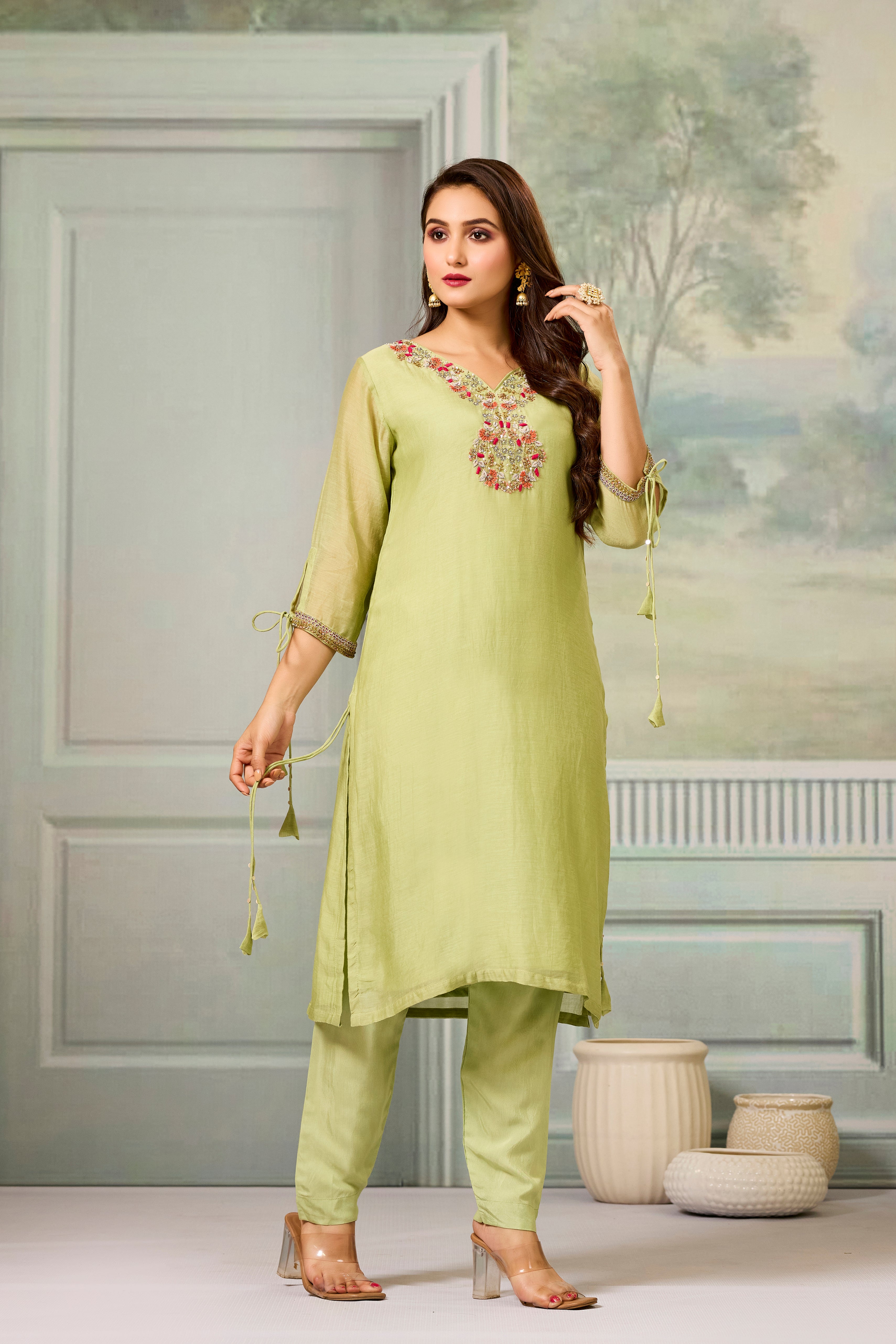 Green Handwork Mul-Chanderi Silk Kurta Pants Set