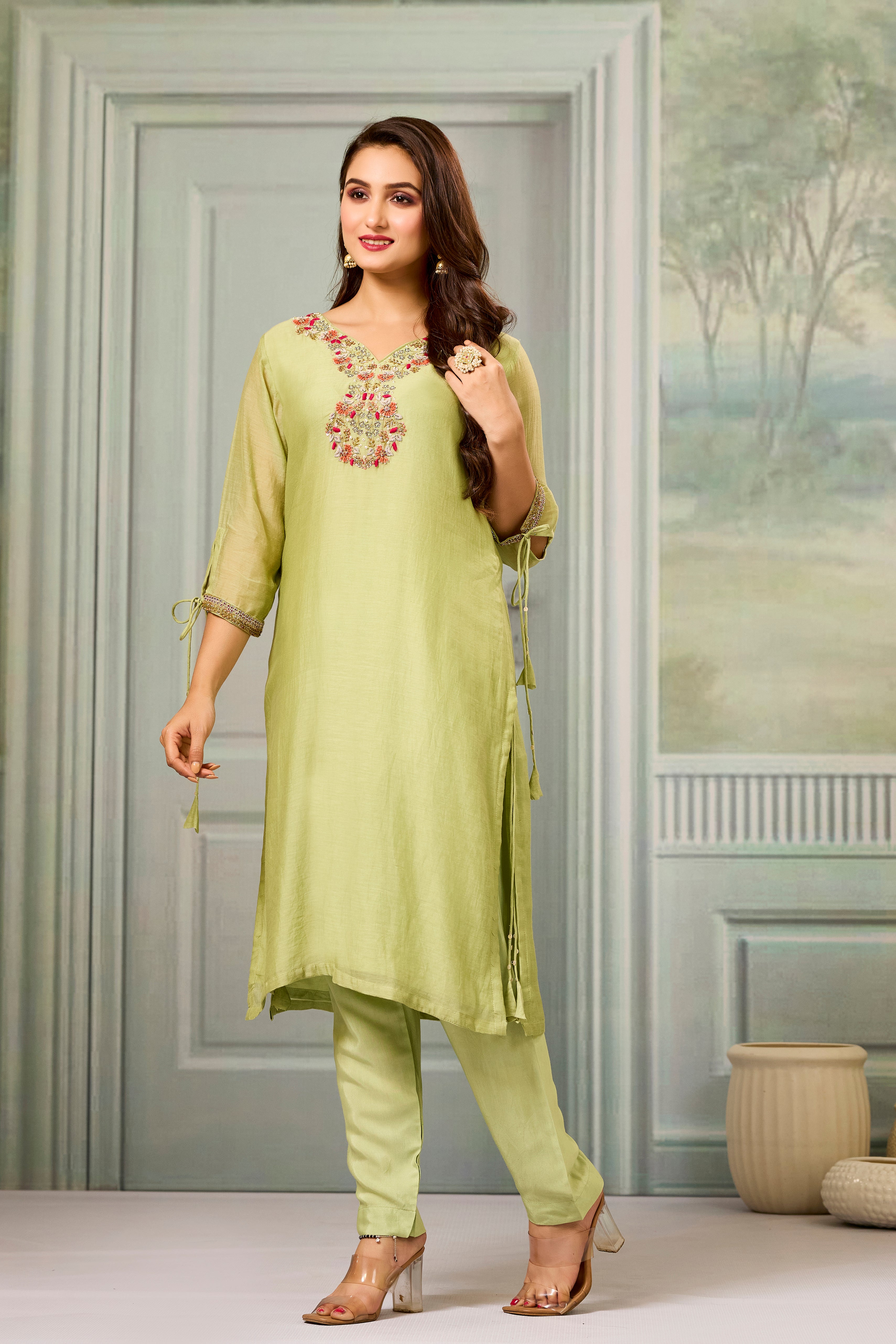 Green Handwork Mul-Chanderi Silk Kurta Pants Set