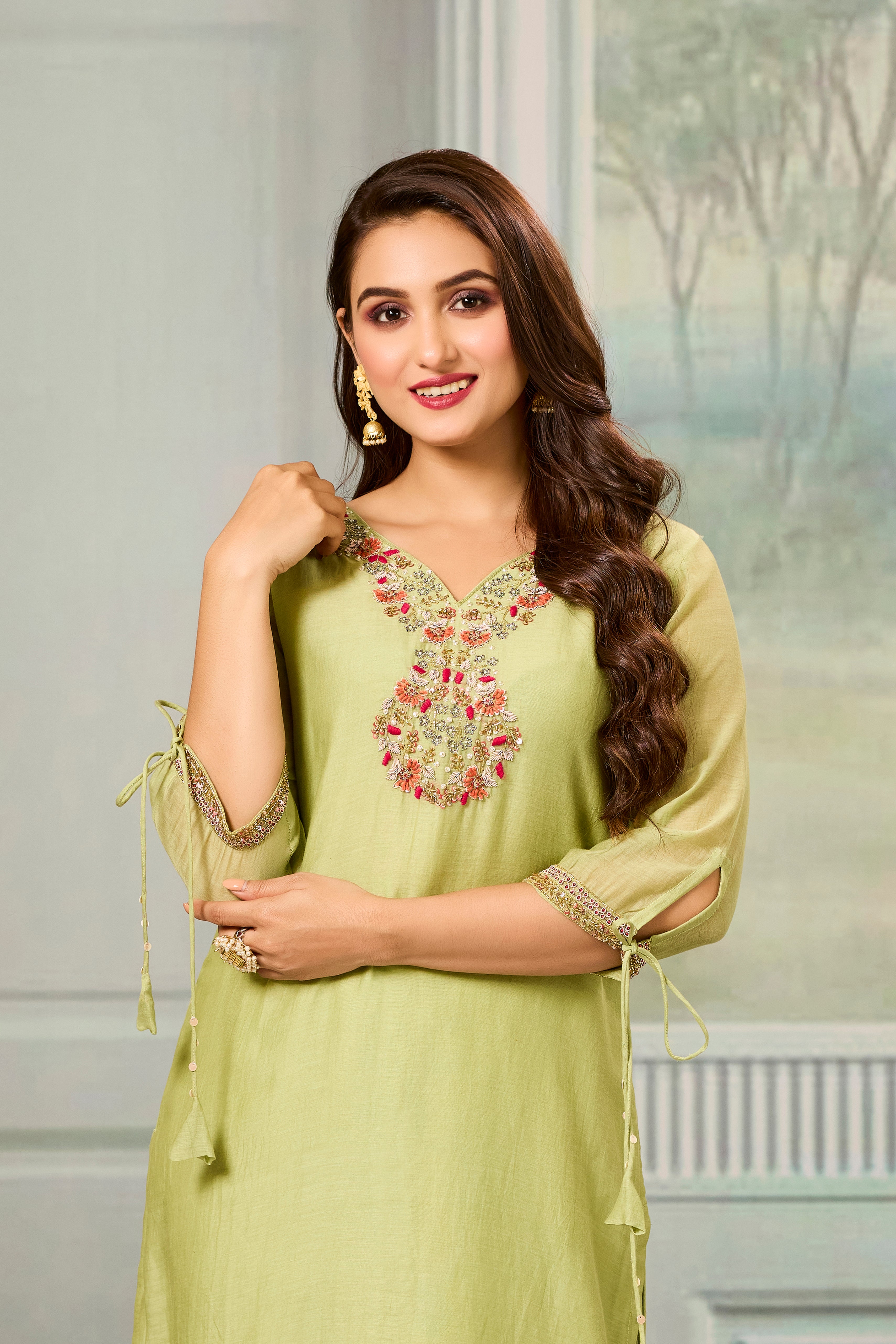 Green Handwork Mul-Chanderi Silk Kurta Pants Set