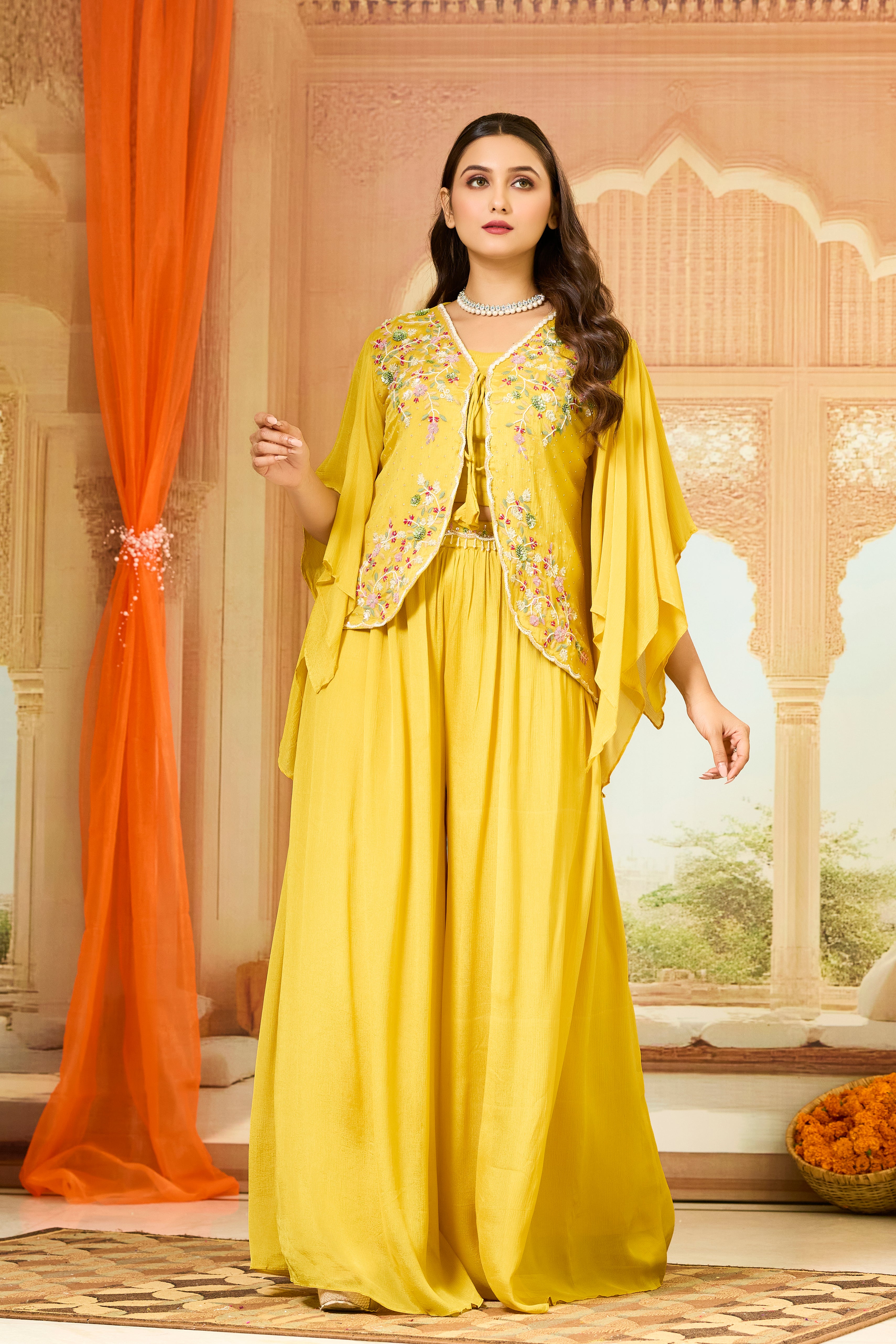 Yellow Embellished Chinon Silk Palazzo Set