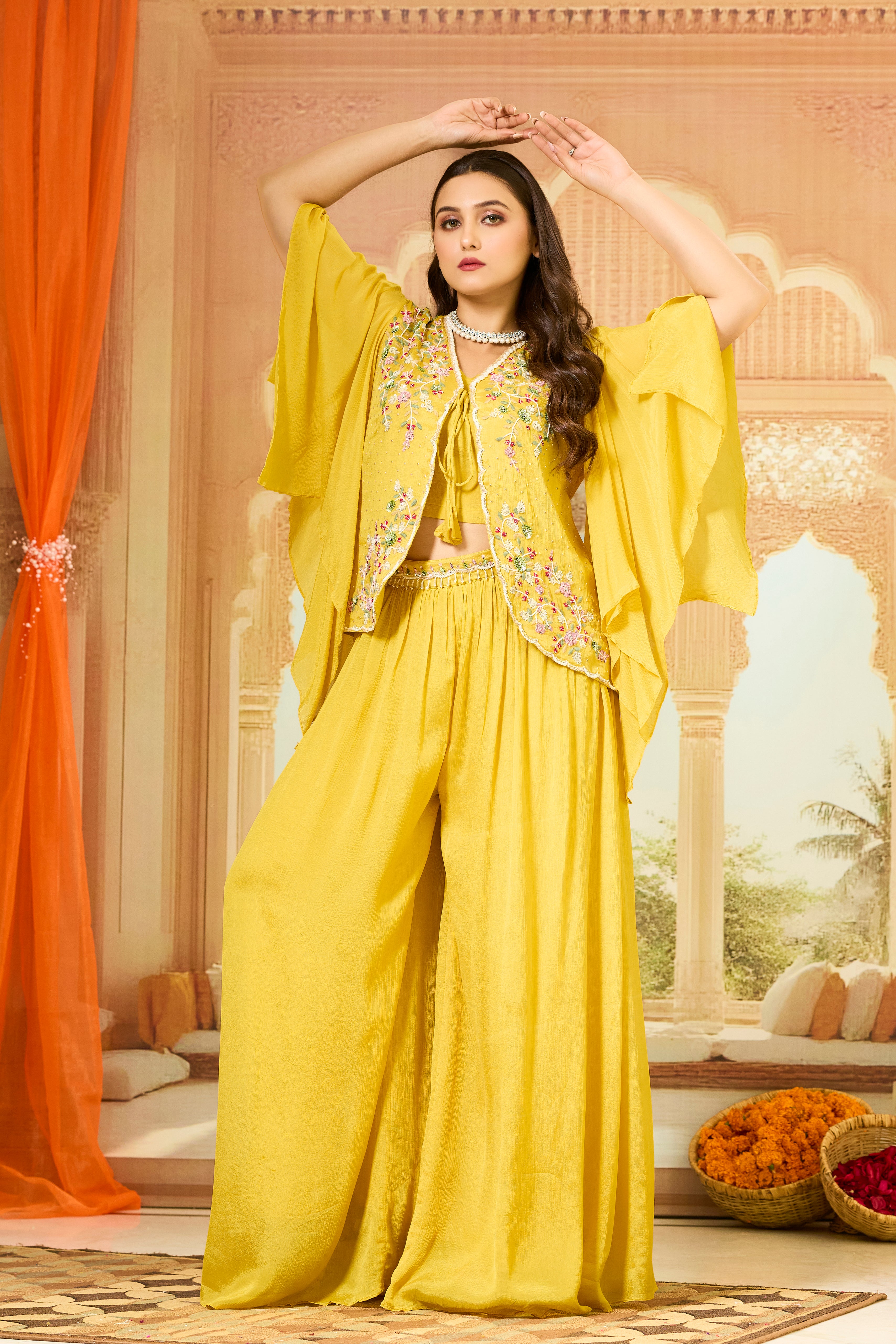 Yellow Embellished Chinon Silk Palazzo Set