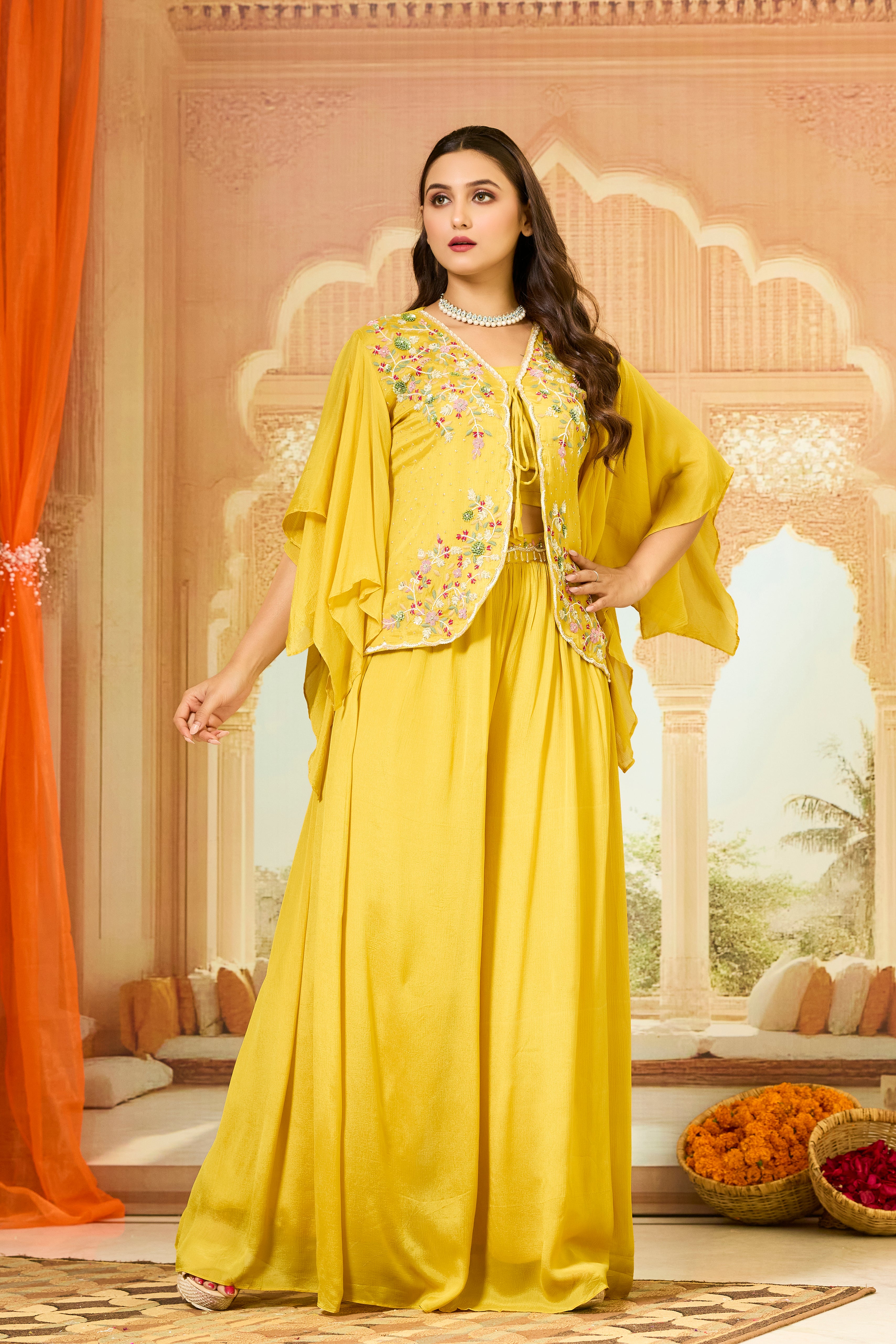 Yellow Embellished Chinon Silk Palazzo Set