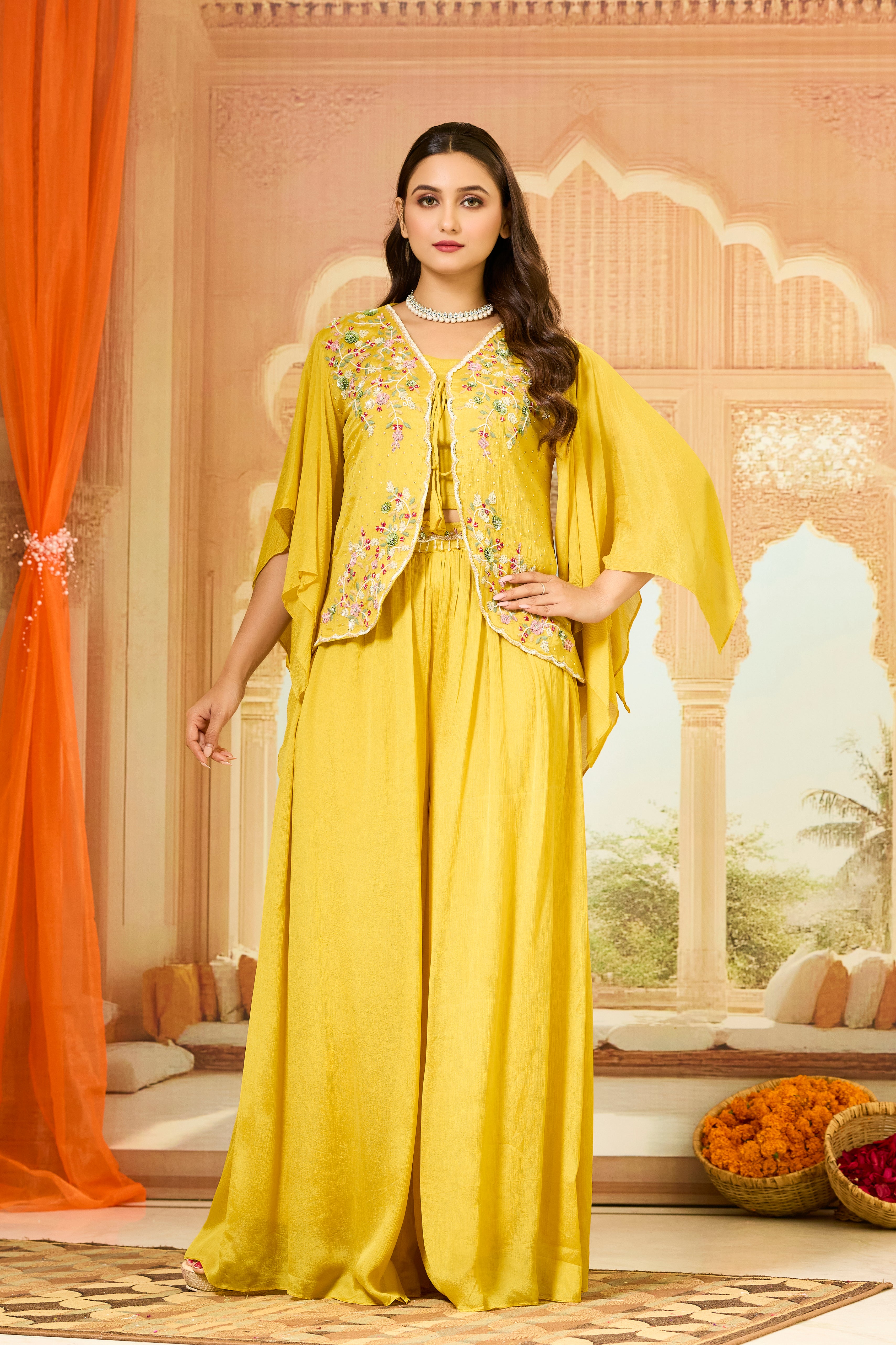Yellow Embellished Chinon Silk Palazzo Set