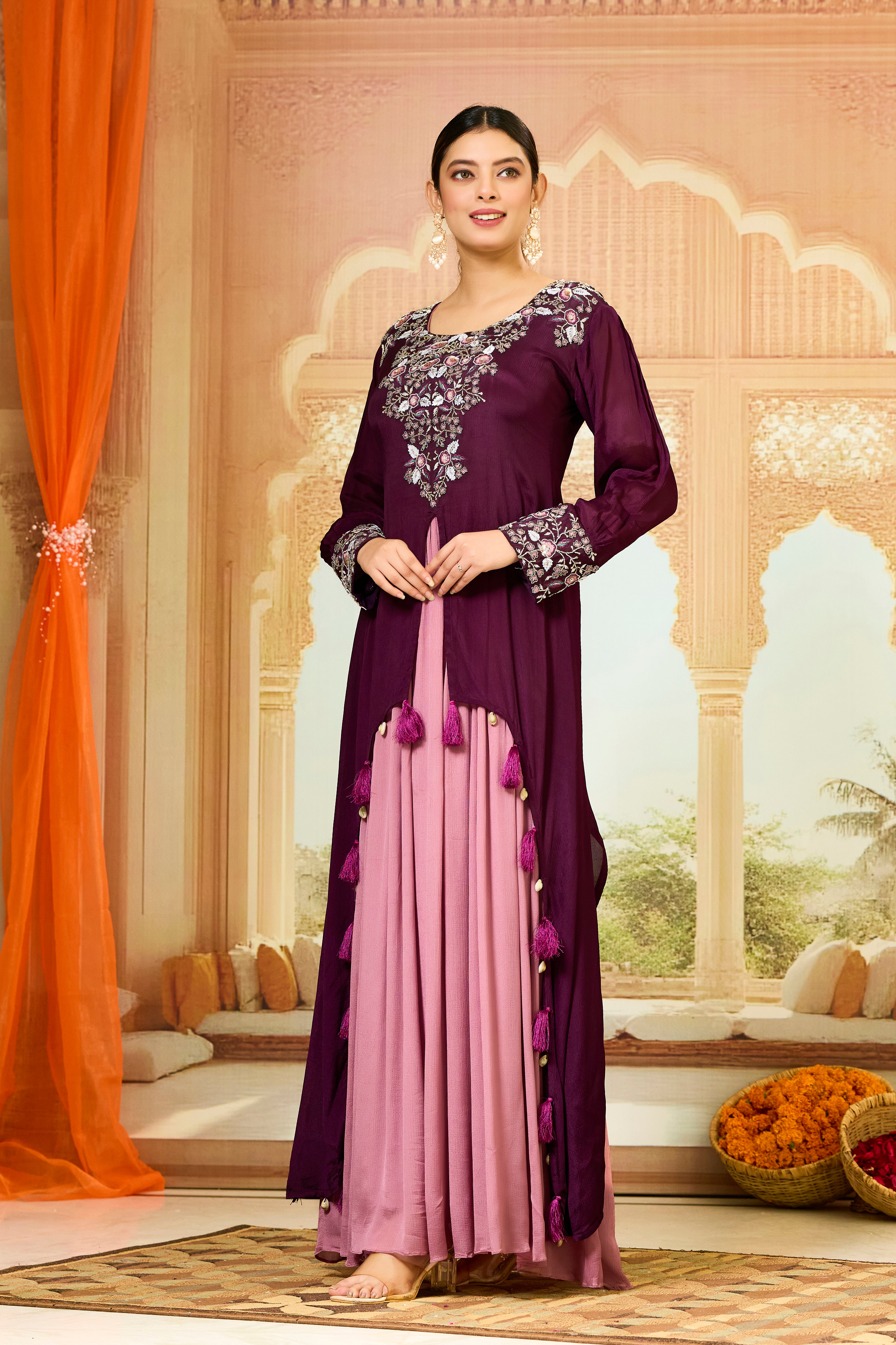 Wine Embellished Chinon Silk Gown
