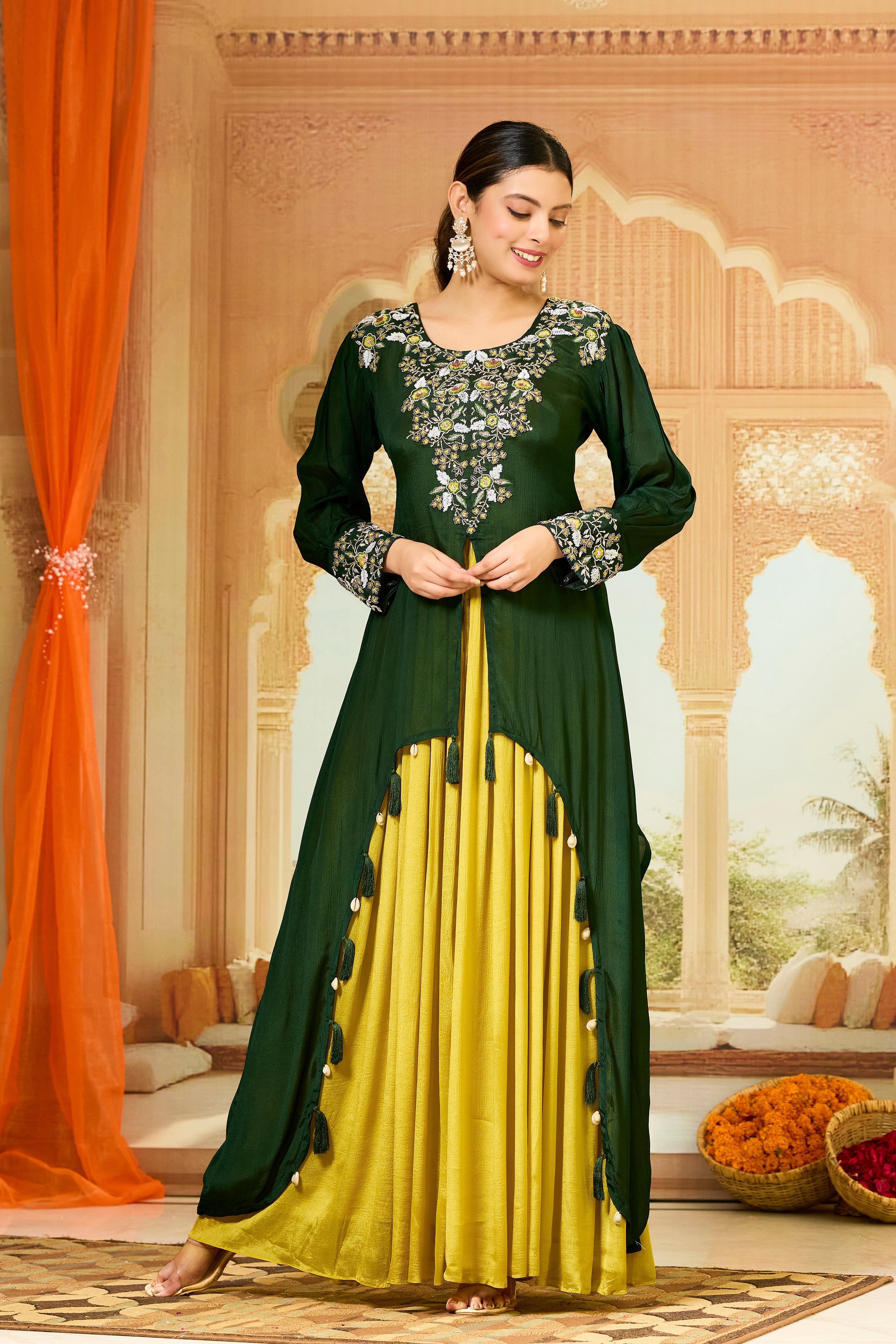 Green Embellished Chinon Silk Gown