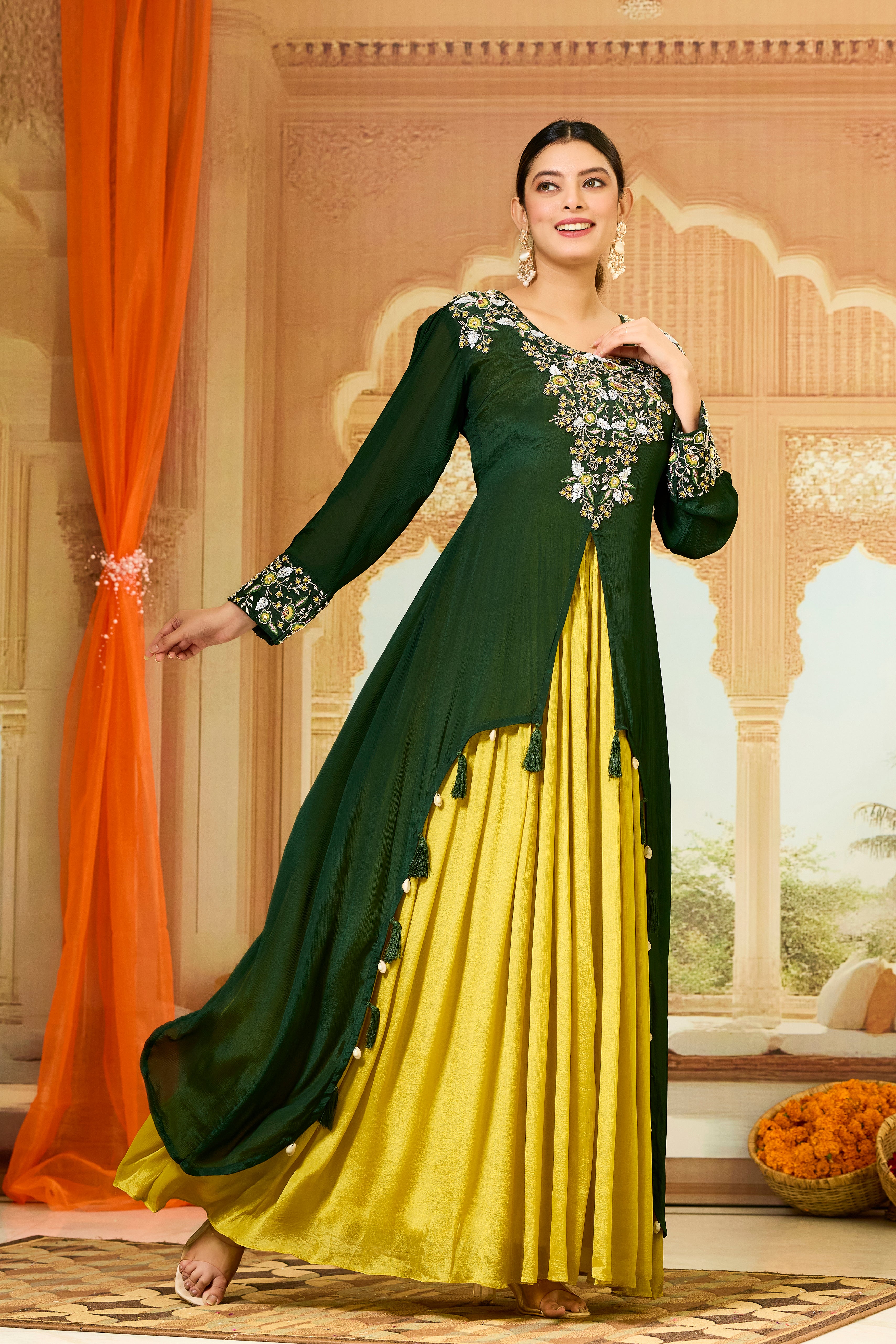 Green Embellished Chinon Silk Gown