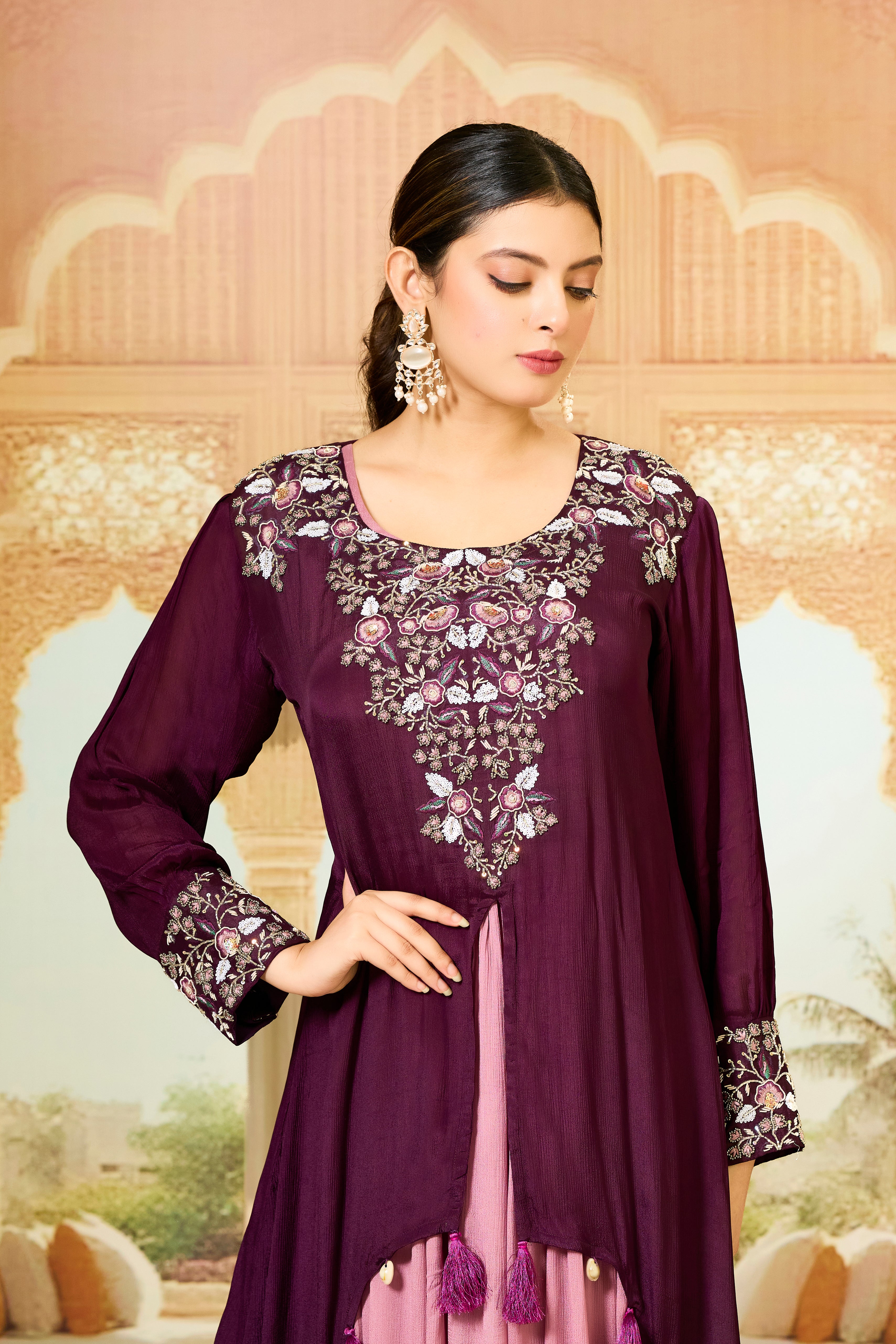 Wine Embellished Chinon Silk Gown