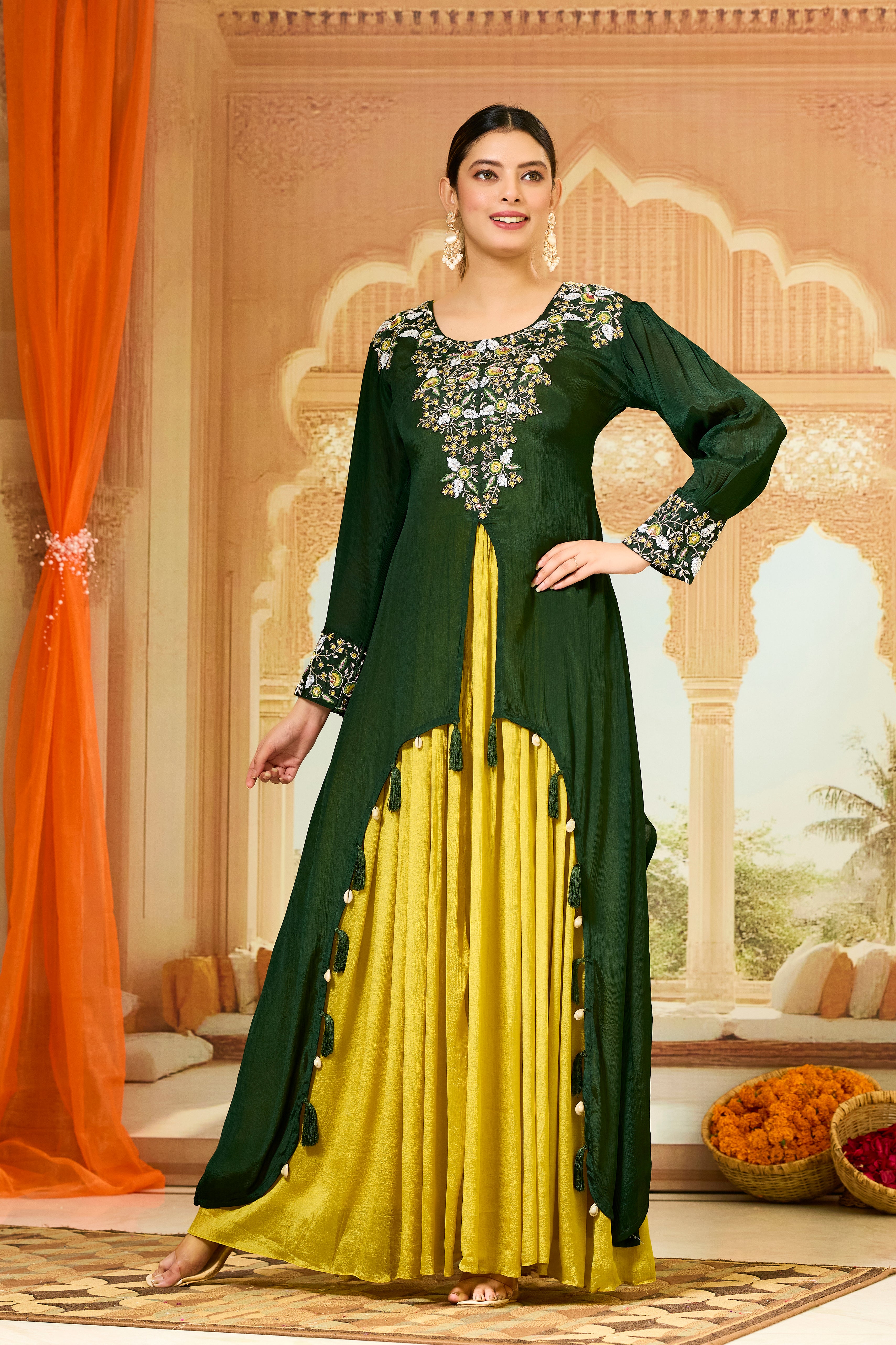 Green Embellished Chinon Silk Gown