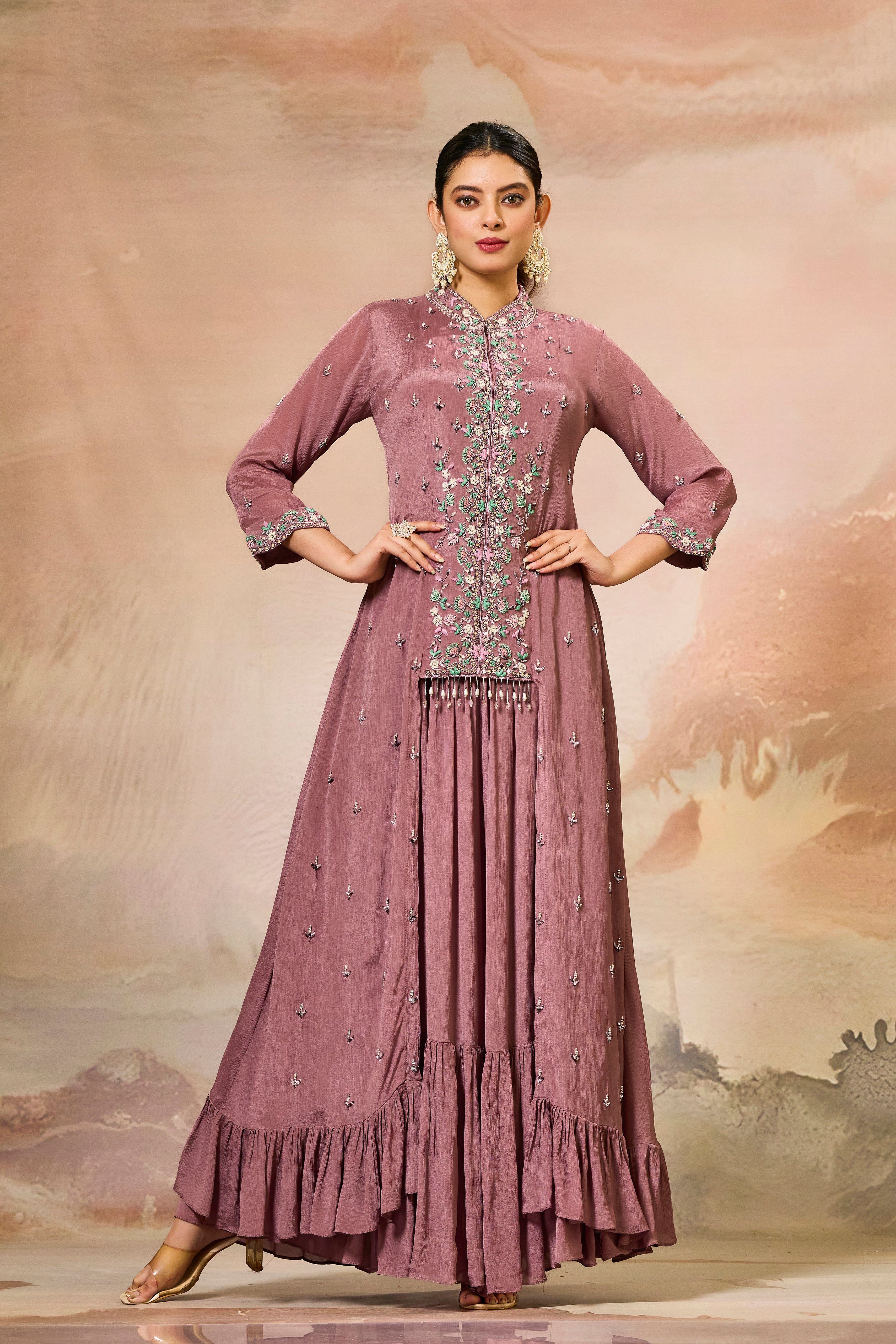 Mauve Embellished Chinon Silk Gown