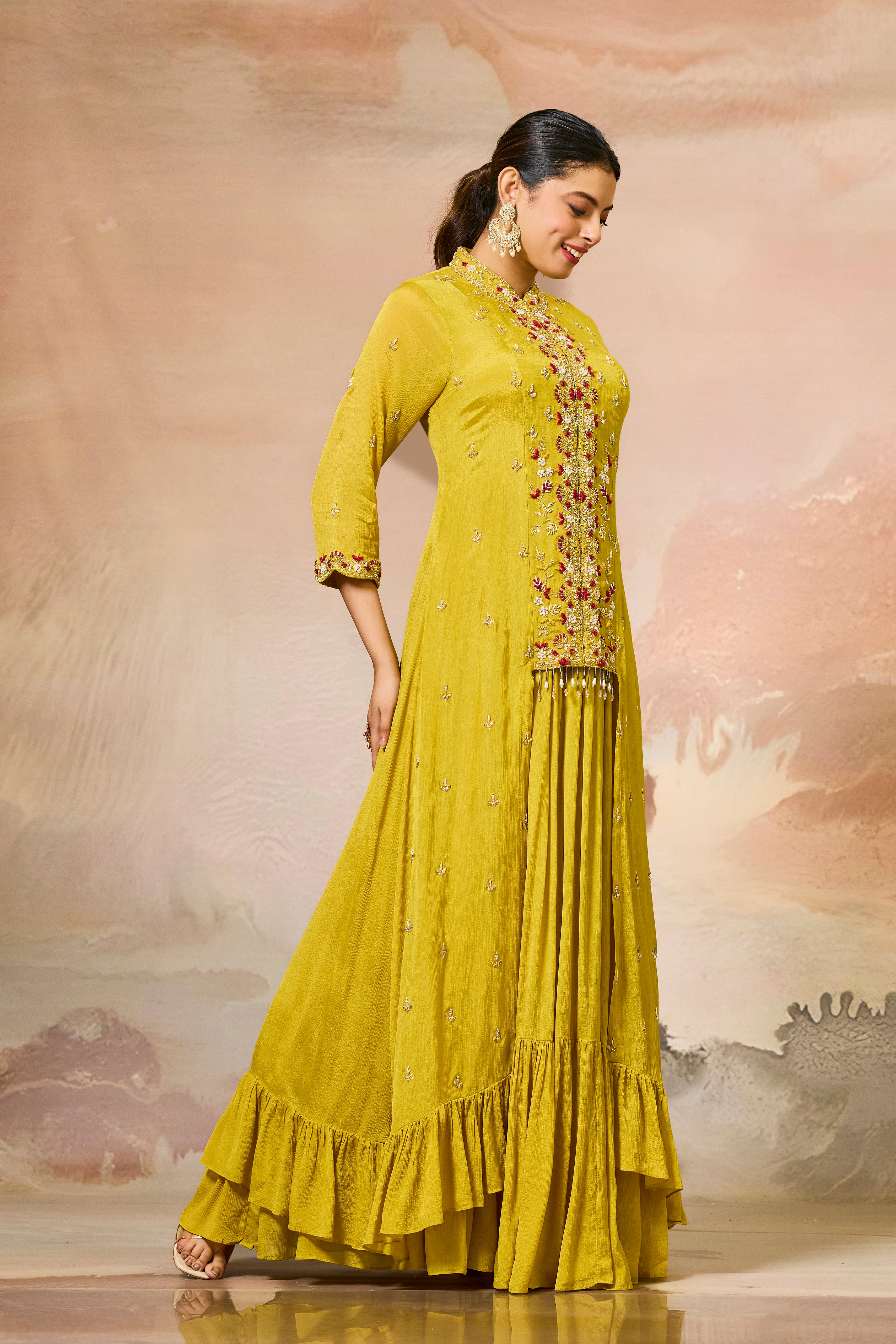 Yellow Embellished Chinon Silk Gown