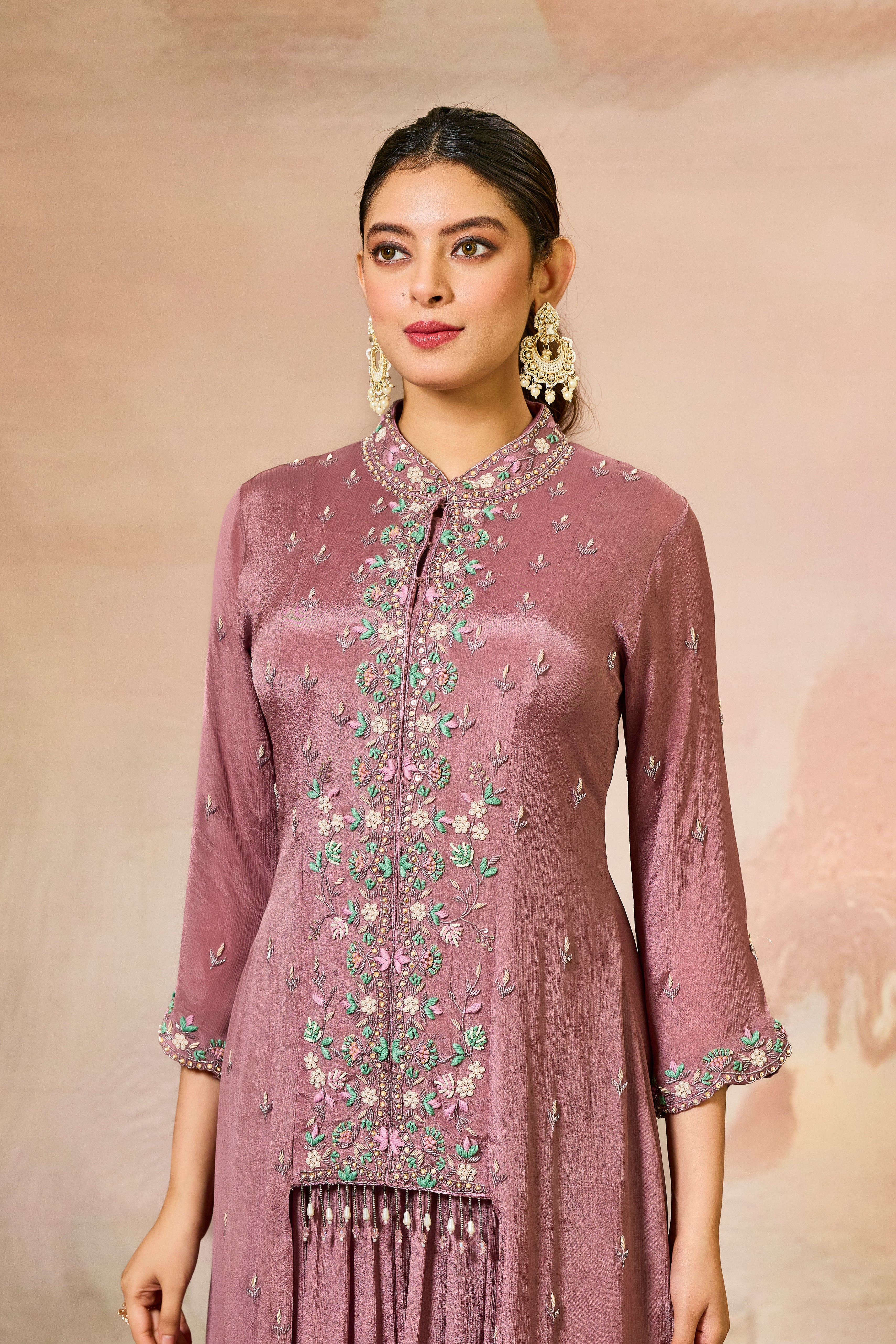 Mauve Embellished Chinon Silk Gown