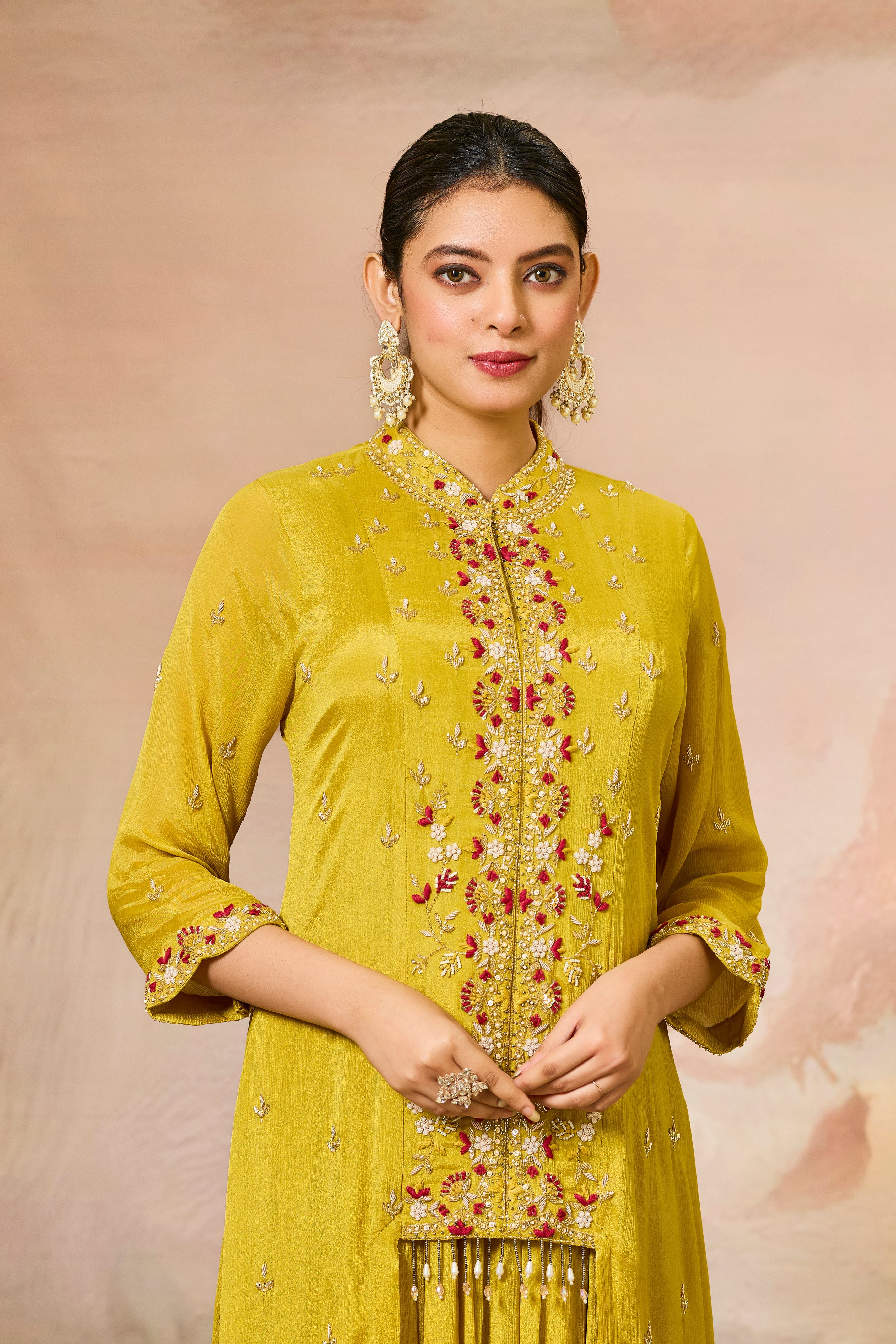 Yellow Embellished Chinon Silk Gown