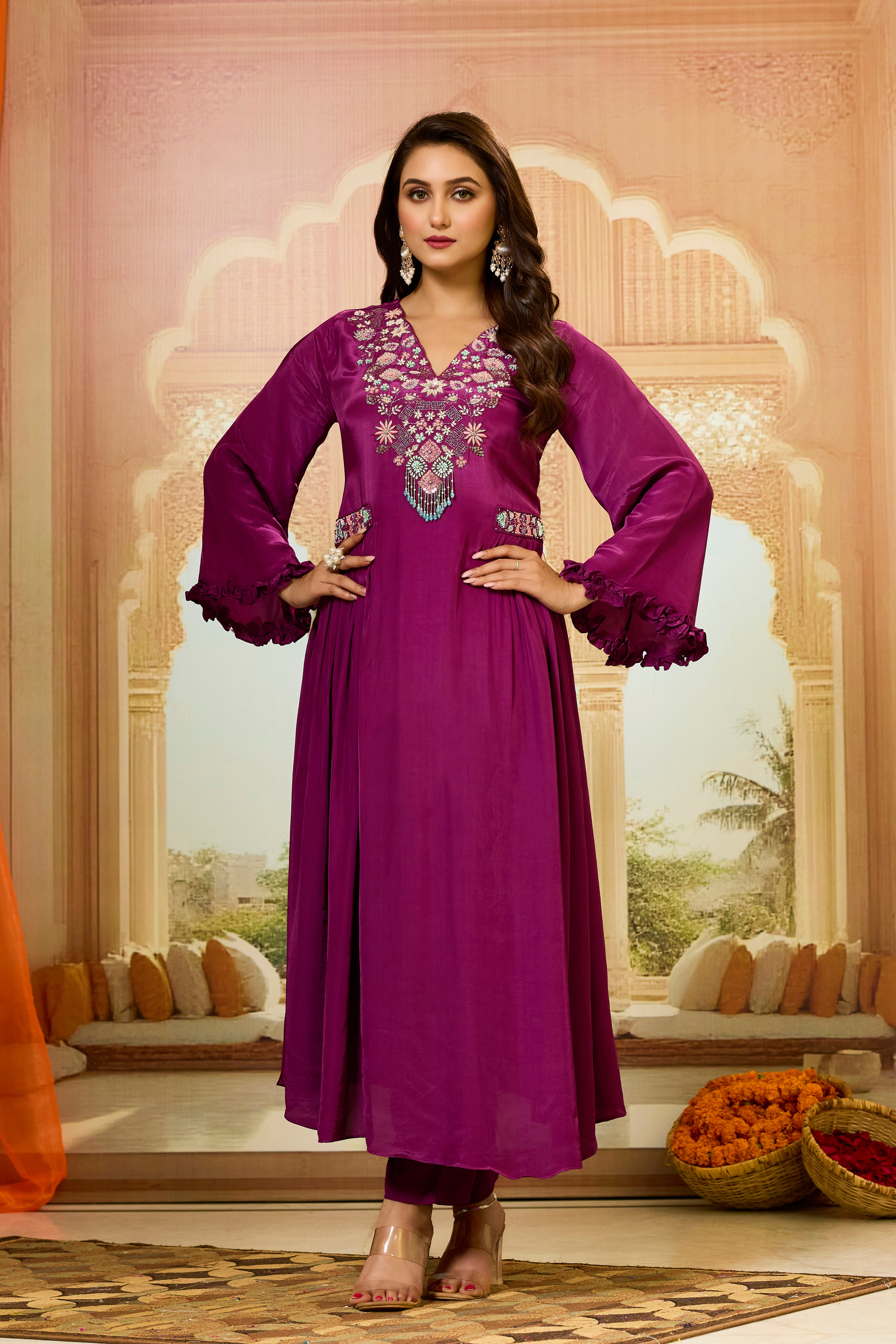 Wine Embellished Crepe Silk Kurta & Pant Set