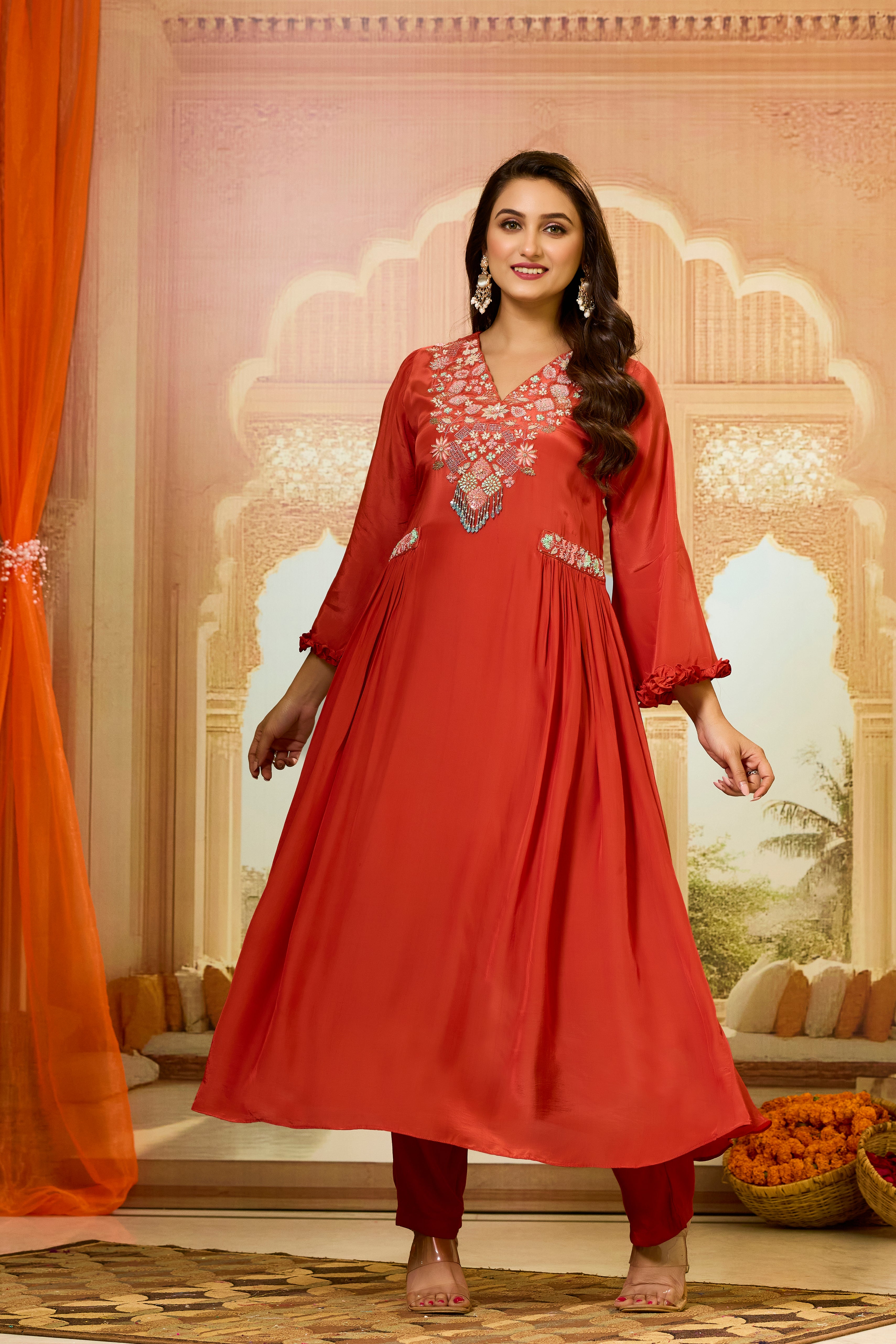 Orange Embellished Crepe Silk Kurta & Pant Set