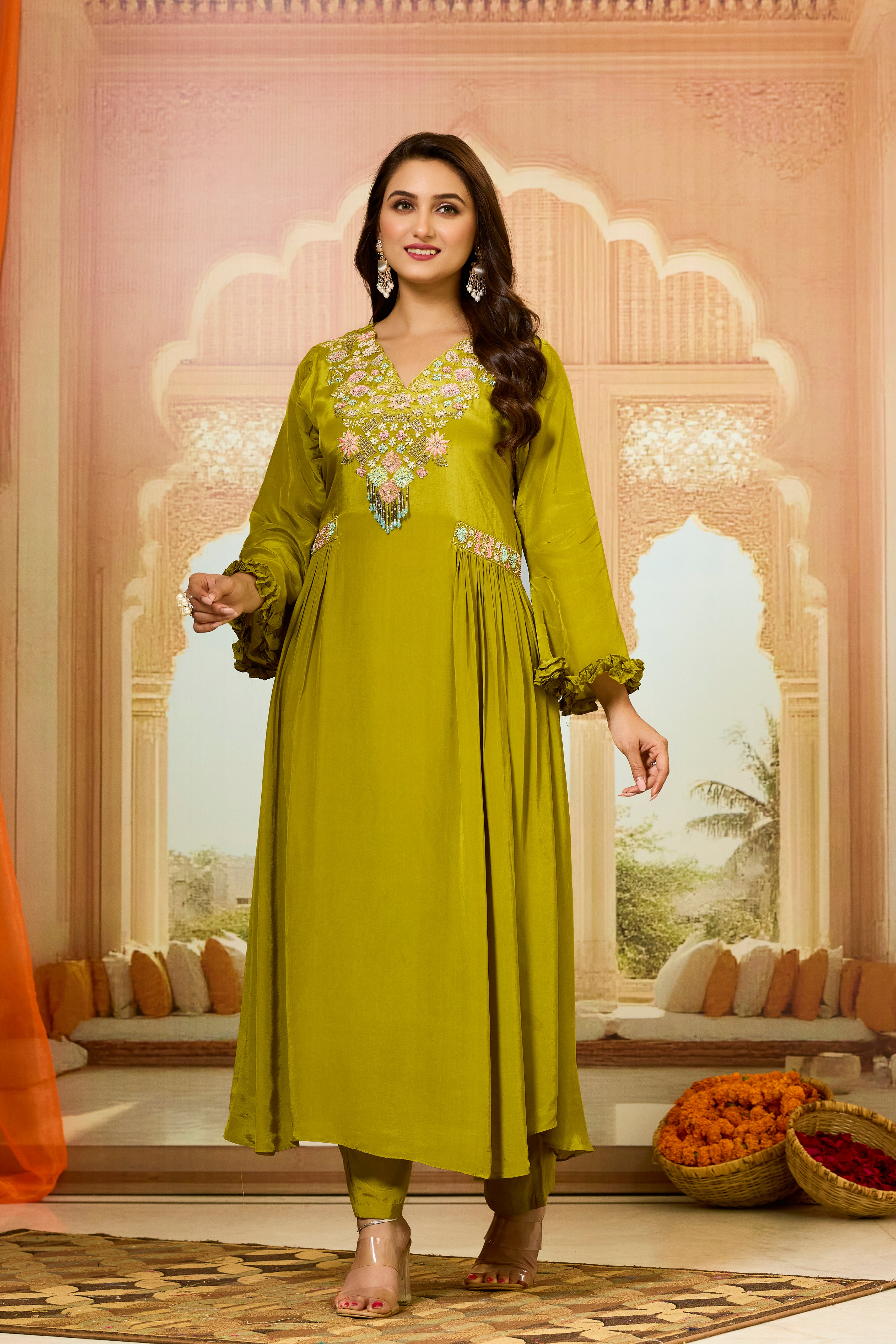 Pear Green Embellished Crepe Silk Kurta & Pant Set