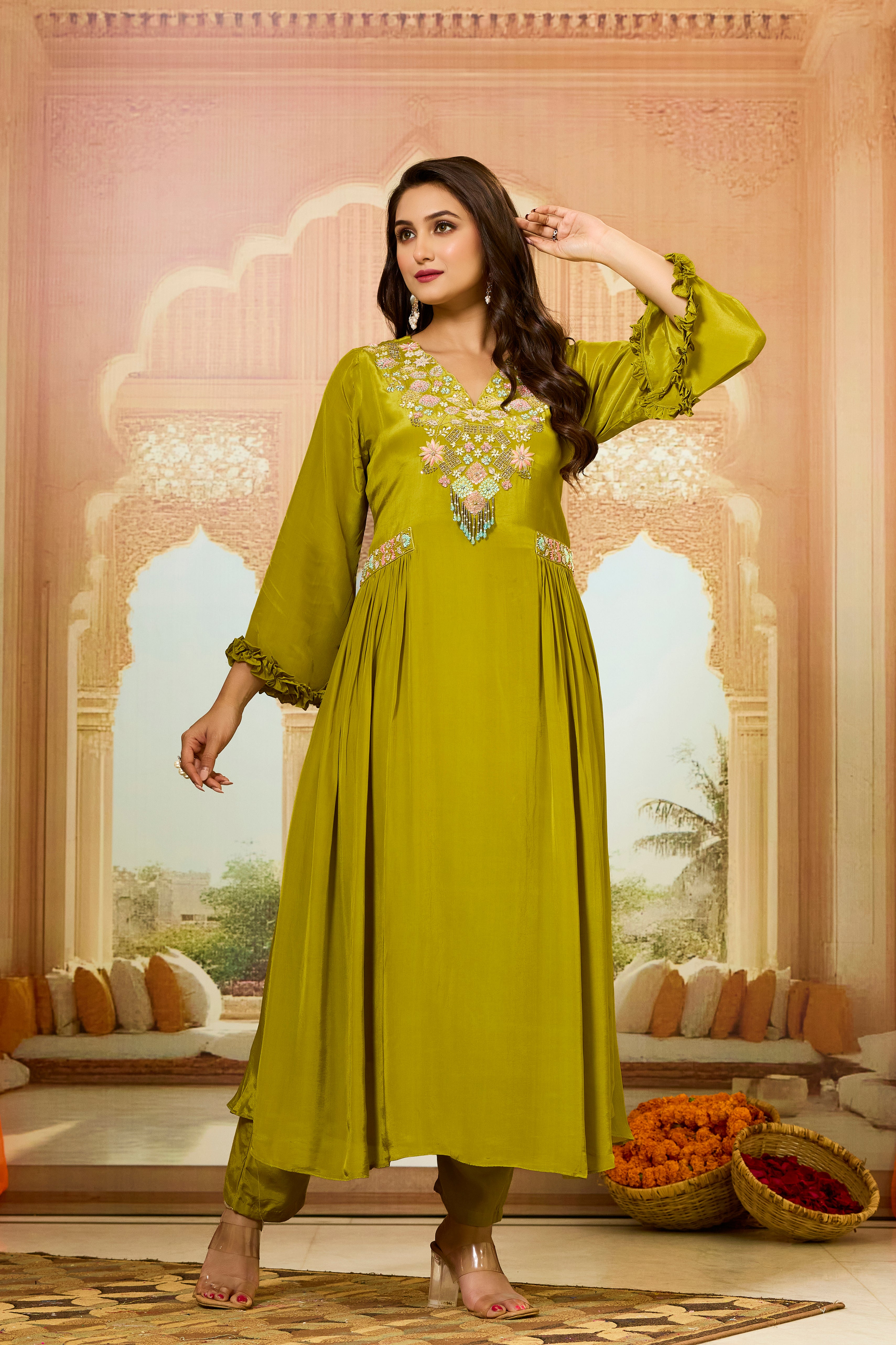 Pear Green Embellished Crepe Silk Kurta & Pant Set