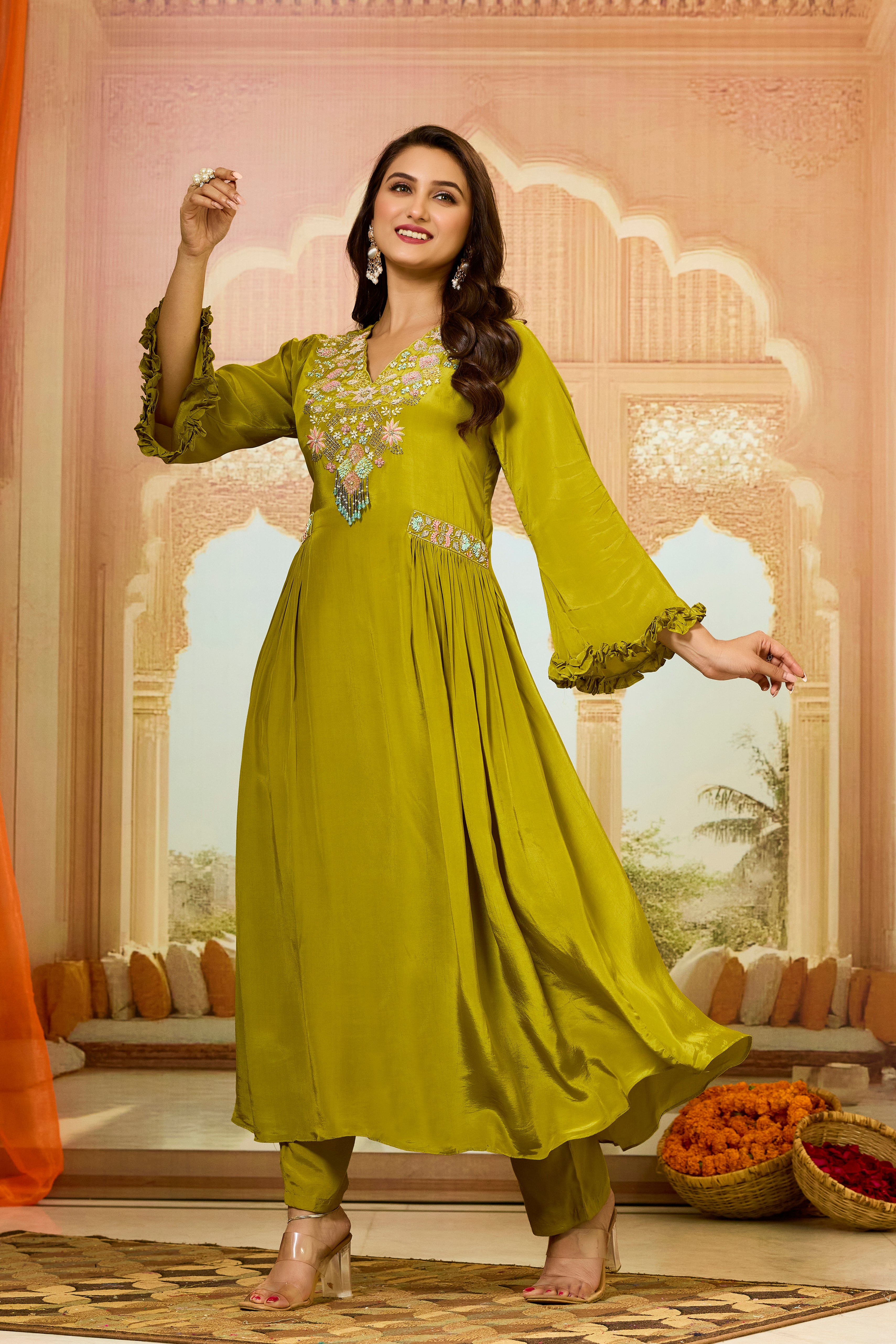 Pear Green Embellished Crepe Silk Kurta & Pant Set