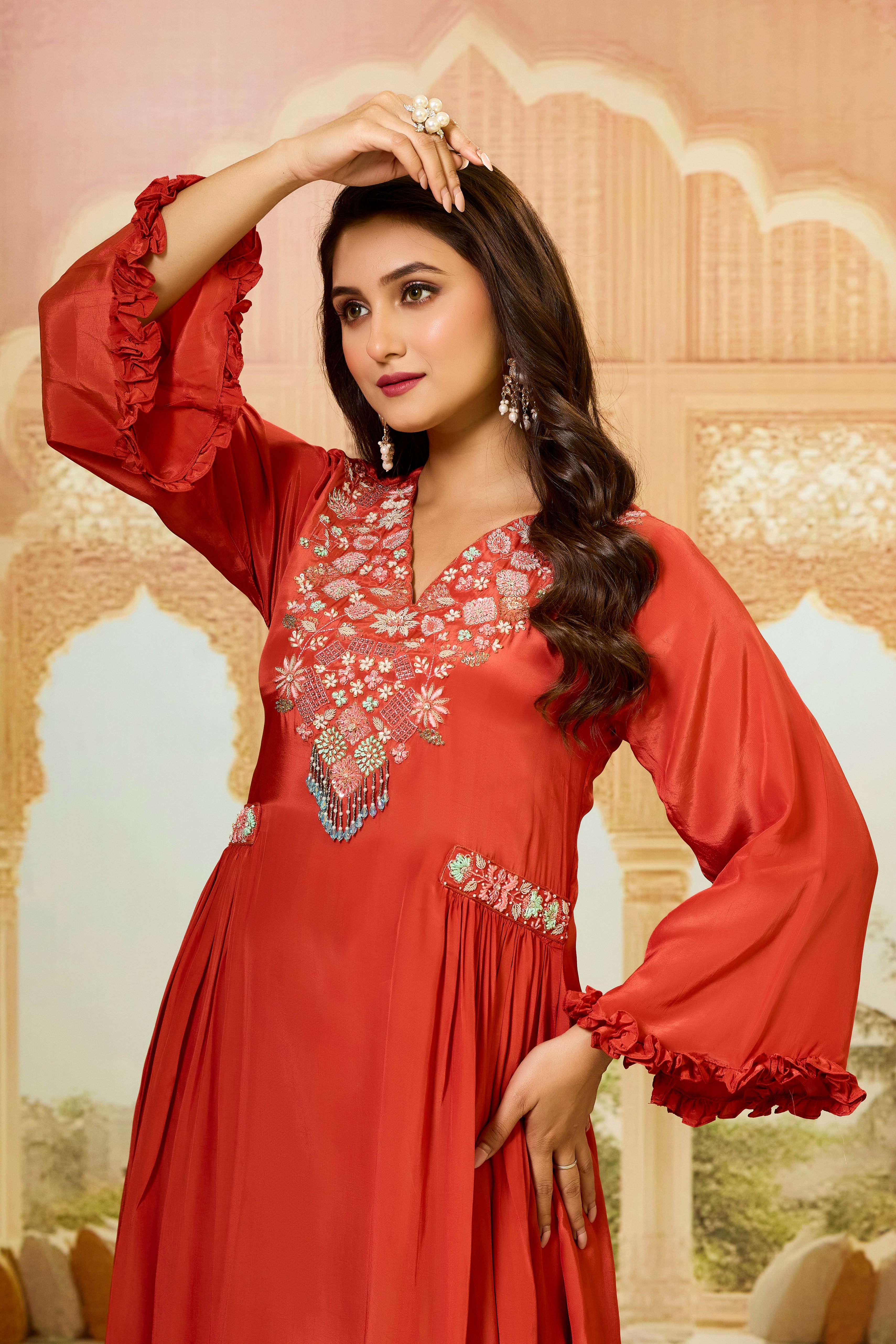 Orange Embellished Crepe Silk Kurta & Pant Set