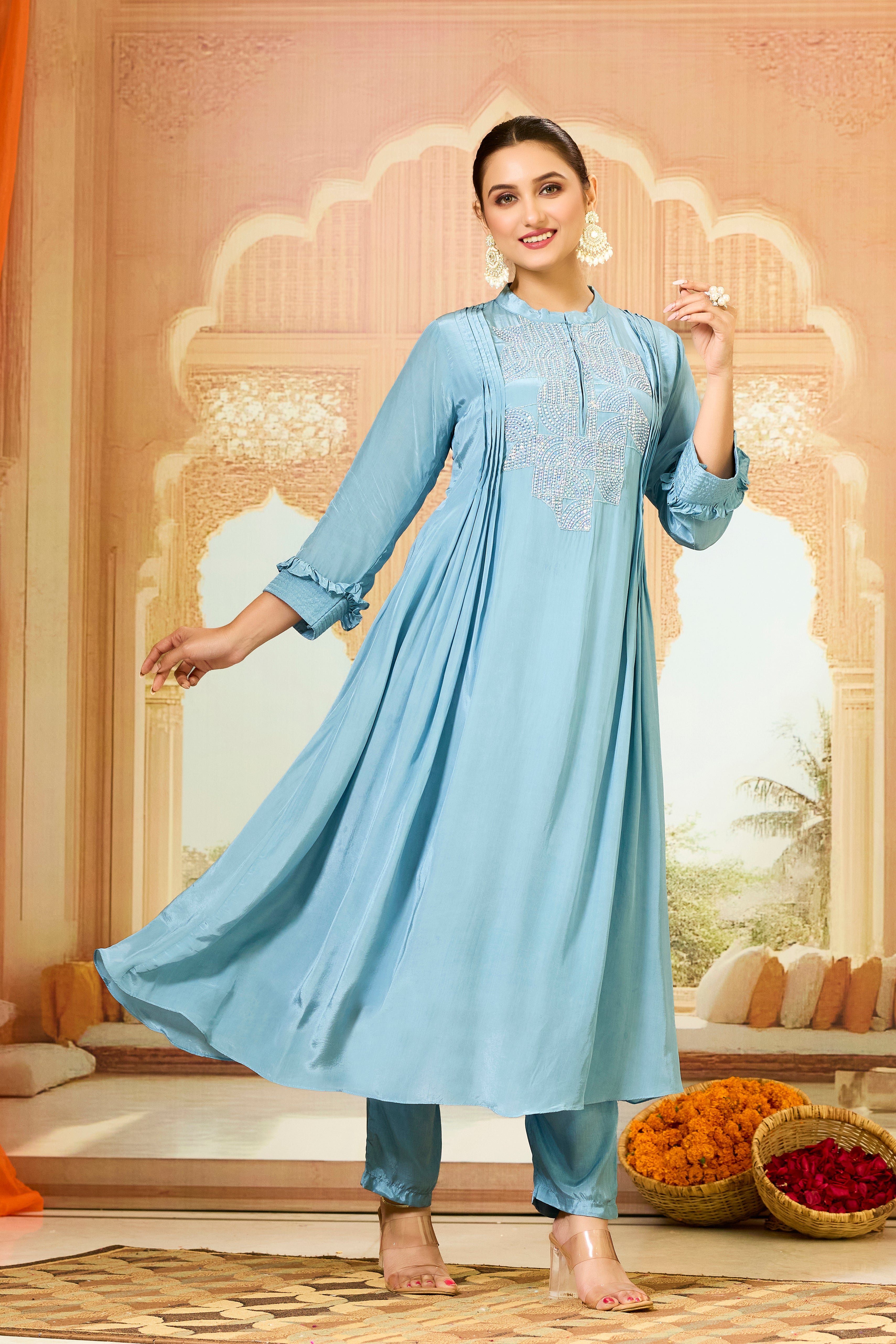 Sky Blue Handwork Crepe Silk Kurta & Pant Set