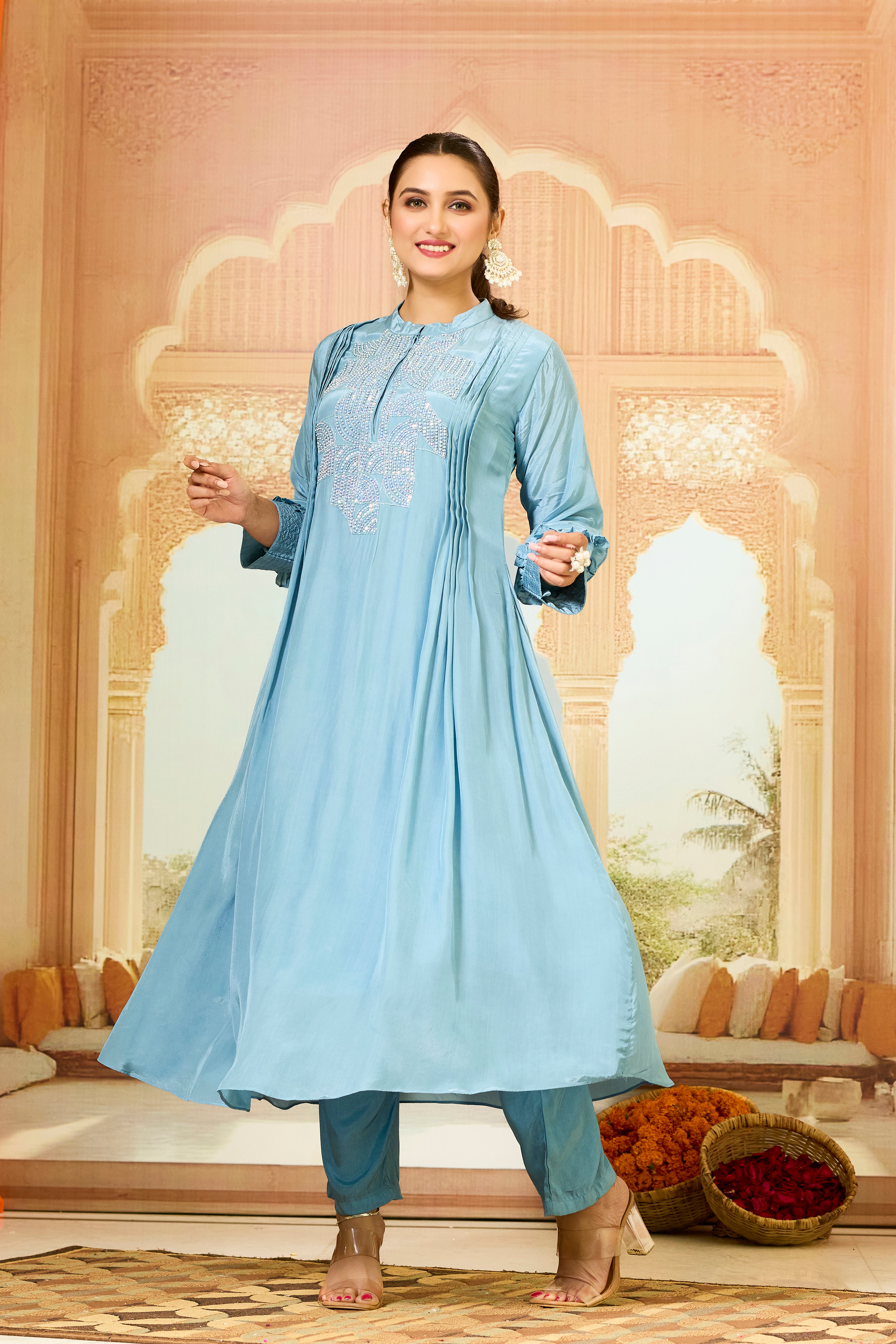 Sky Blue Handwork Crepe Silk Kurta & Pant Set