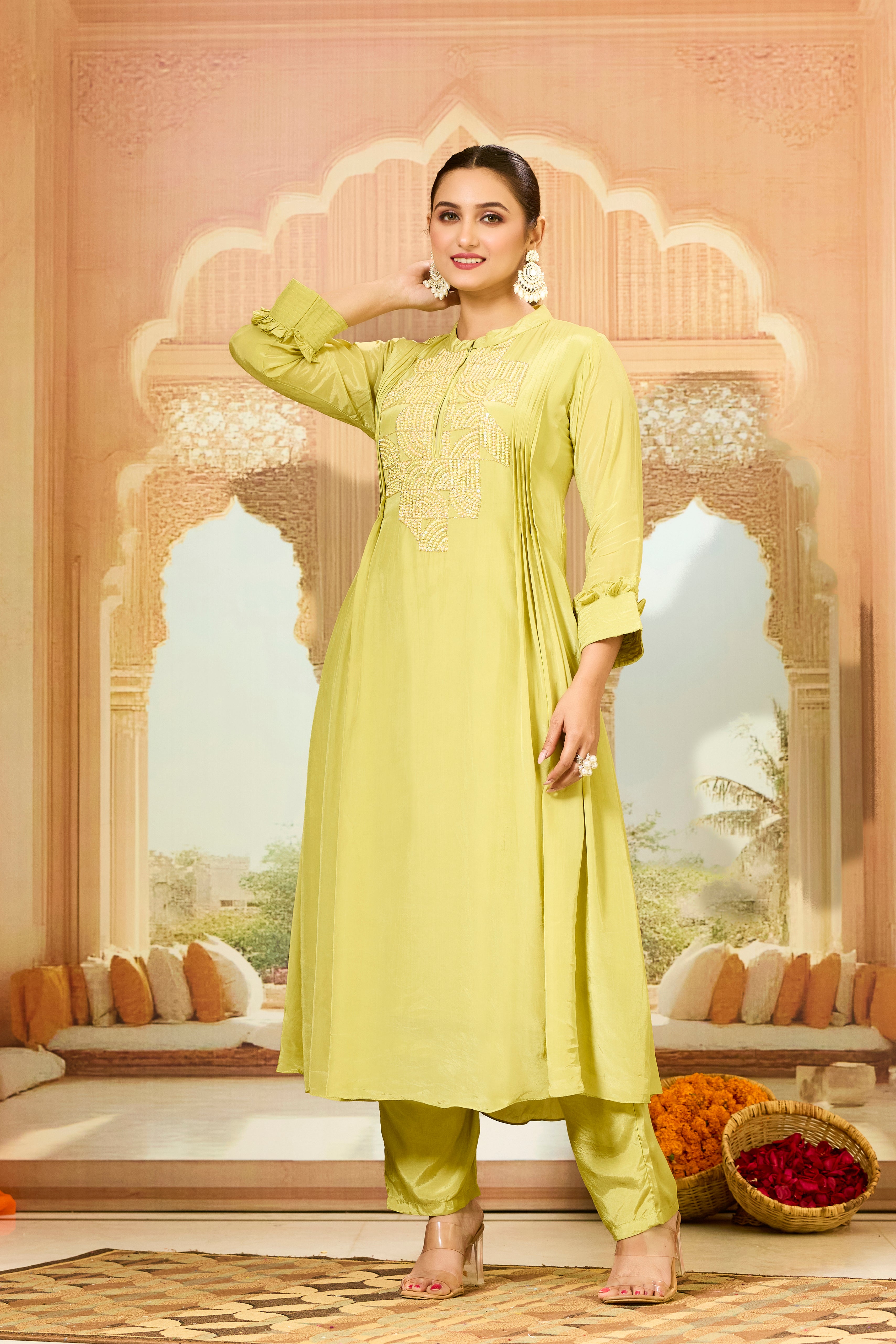 Pear Green Handwork Crepe Silk Kurta & Pant Set