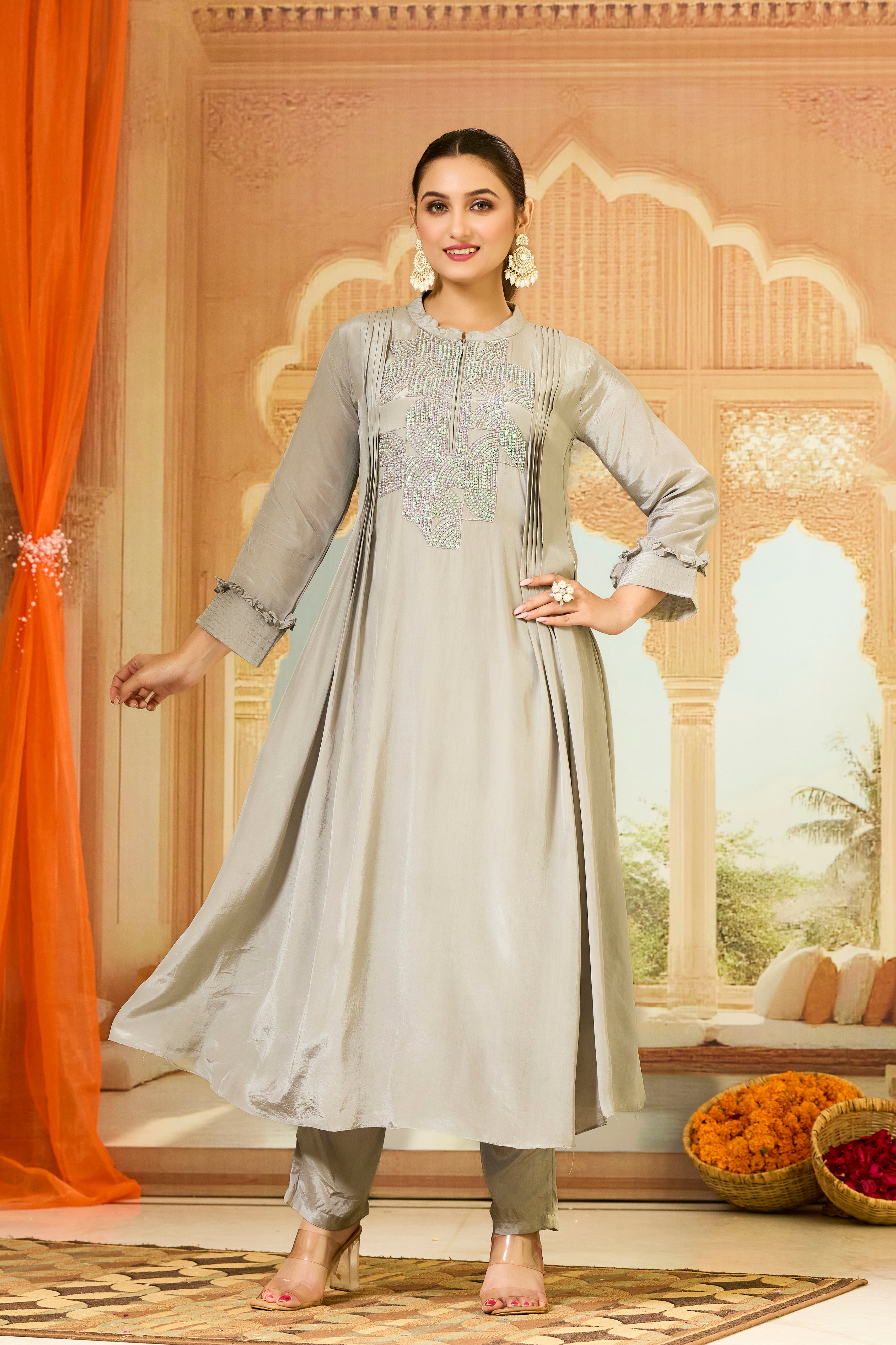 Grey Handwork Crepe Silk Kurta & Pant Set