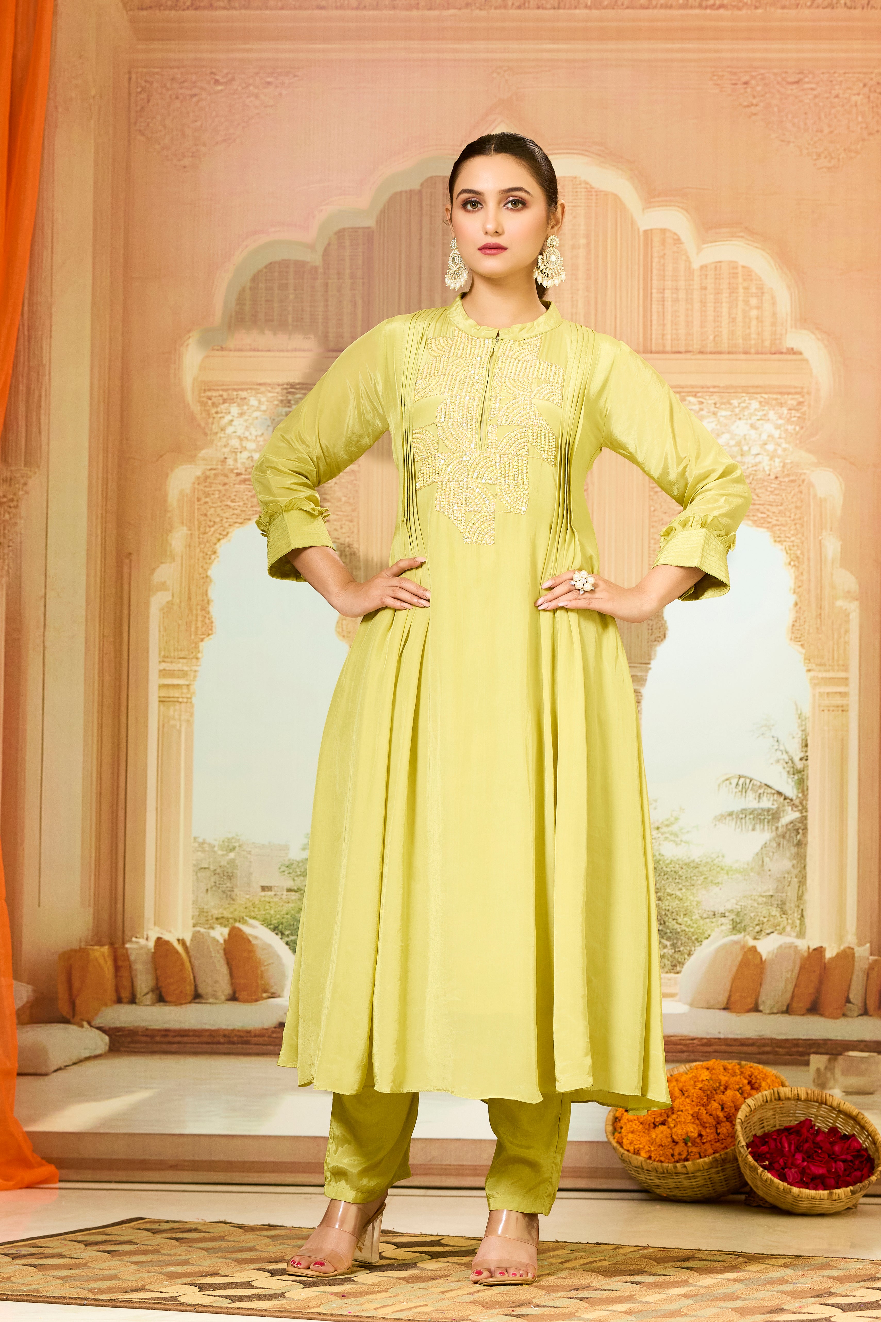Pear Green Handwork Crepe Silk Kurta & Pant Set