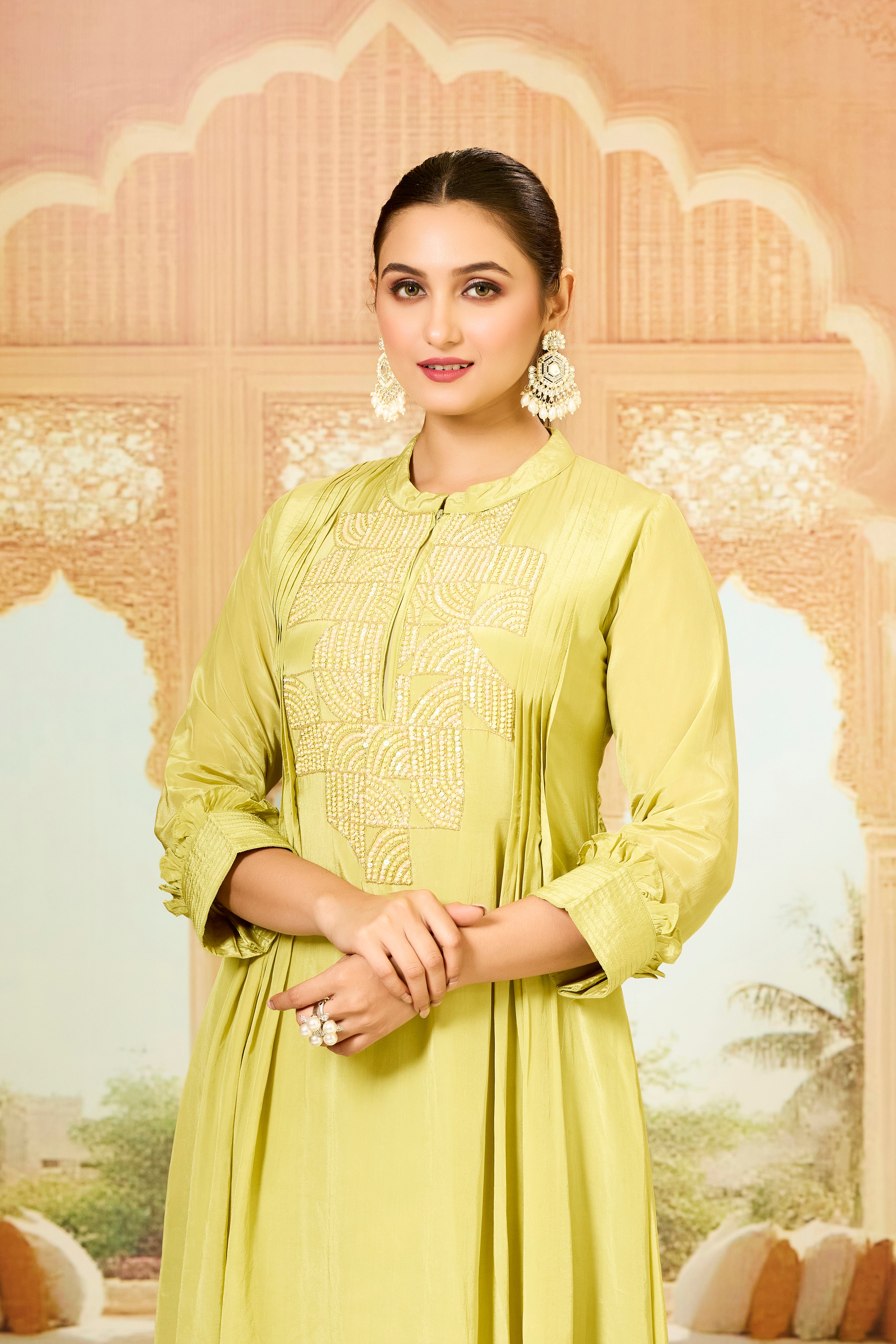 Pear Green Handwork Crepe Silk Kurta & Pant Set