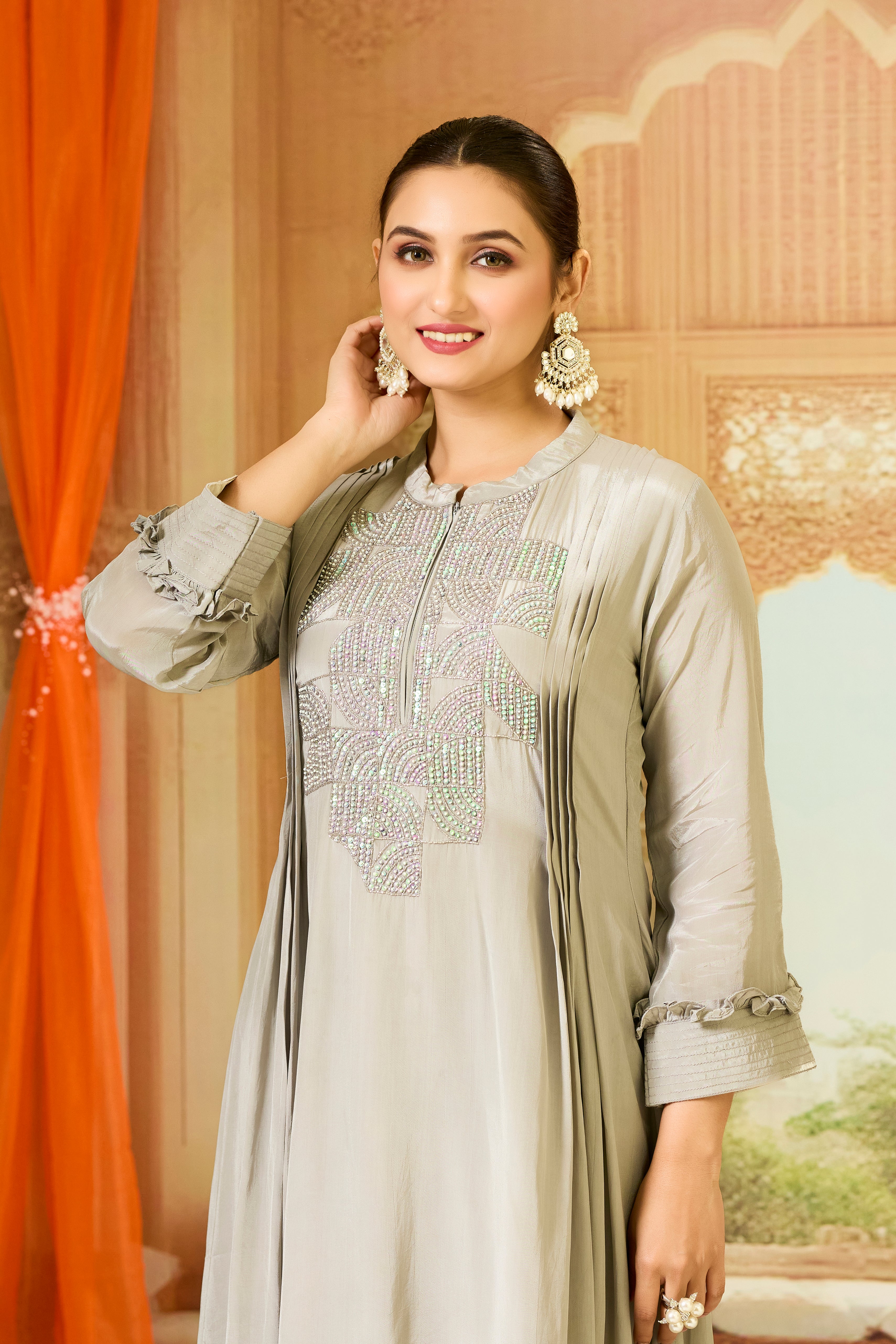 Grey Handwork Crepe Silk Kurta & Pant Set