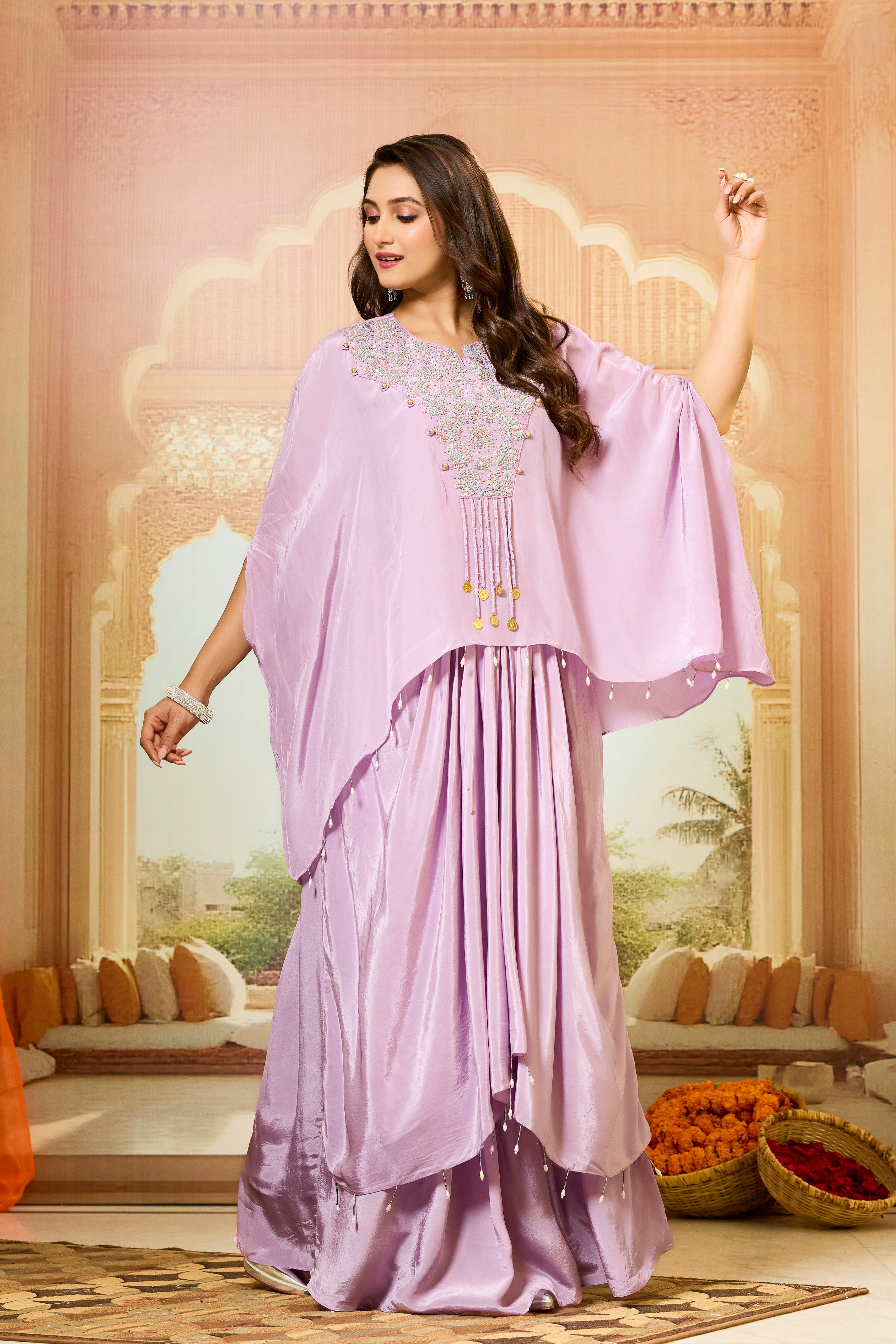 Pink Handwork Crepe Silk Skirt Set