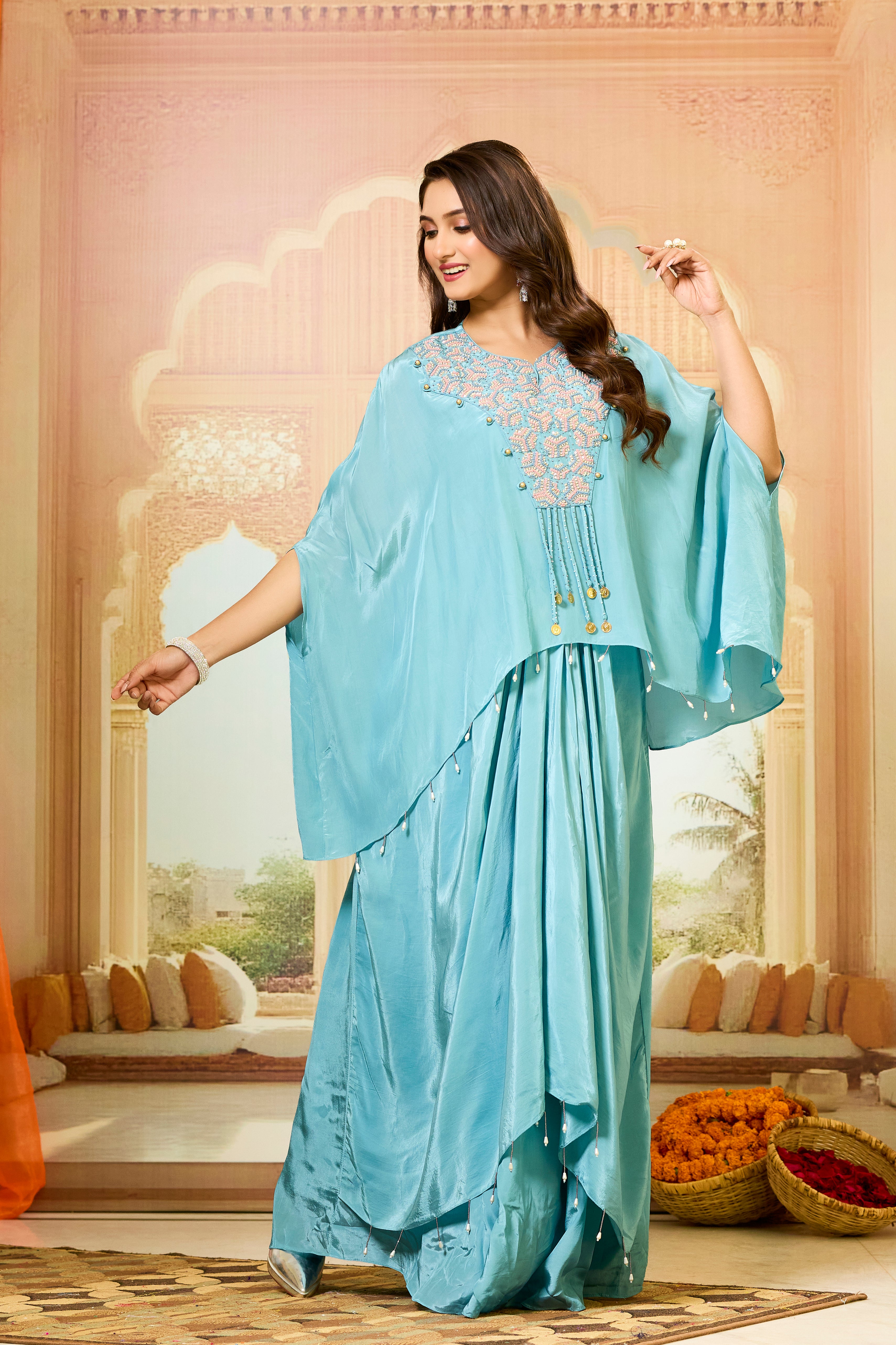 Blue Handwork Crepe Silk Skirt Set