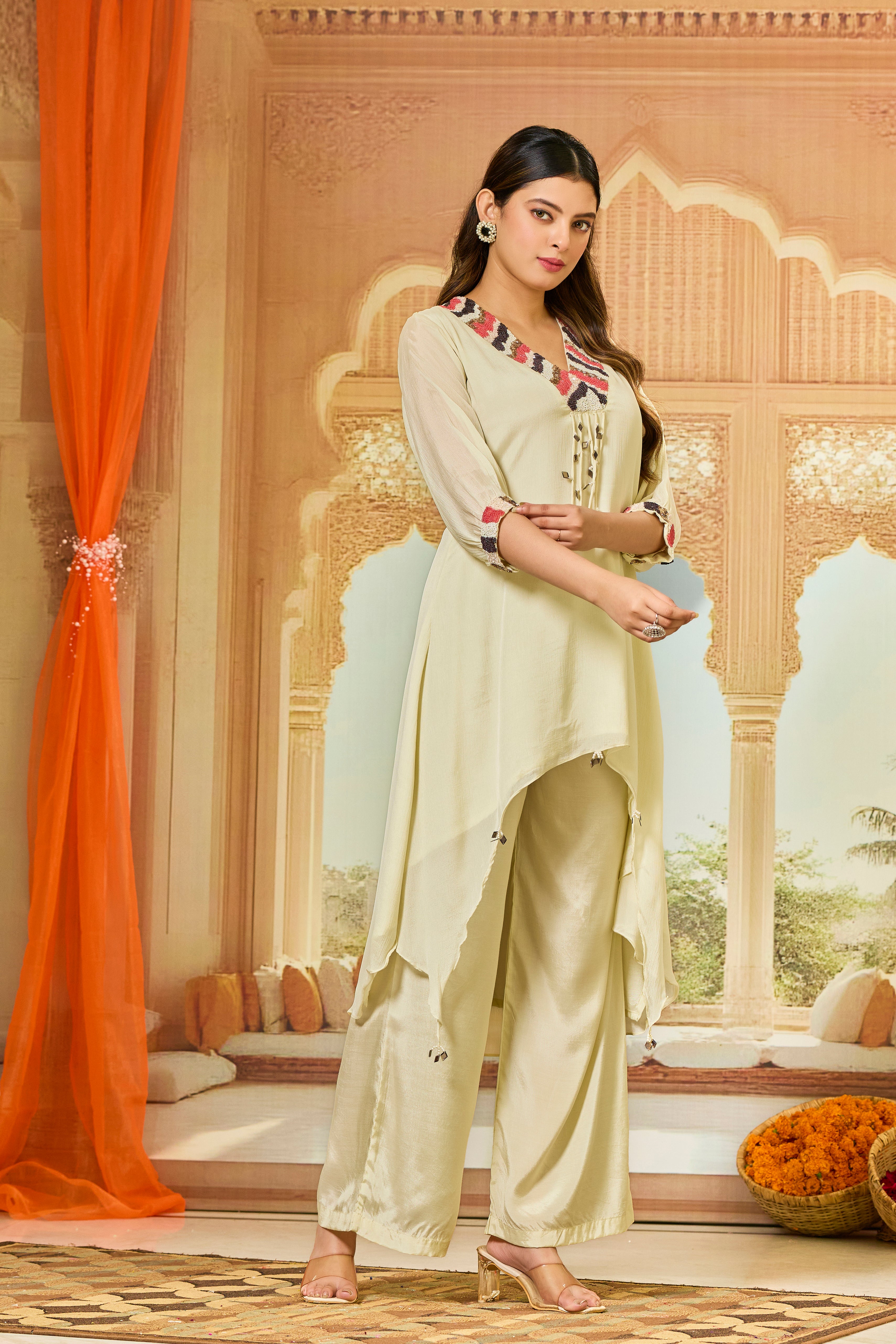 Cream Embellished Chinon Silk Palazzo Set