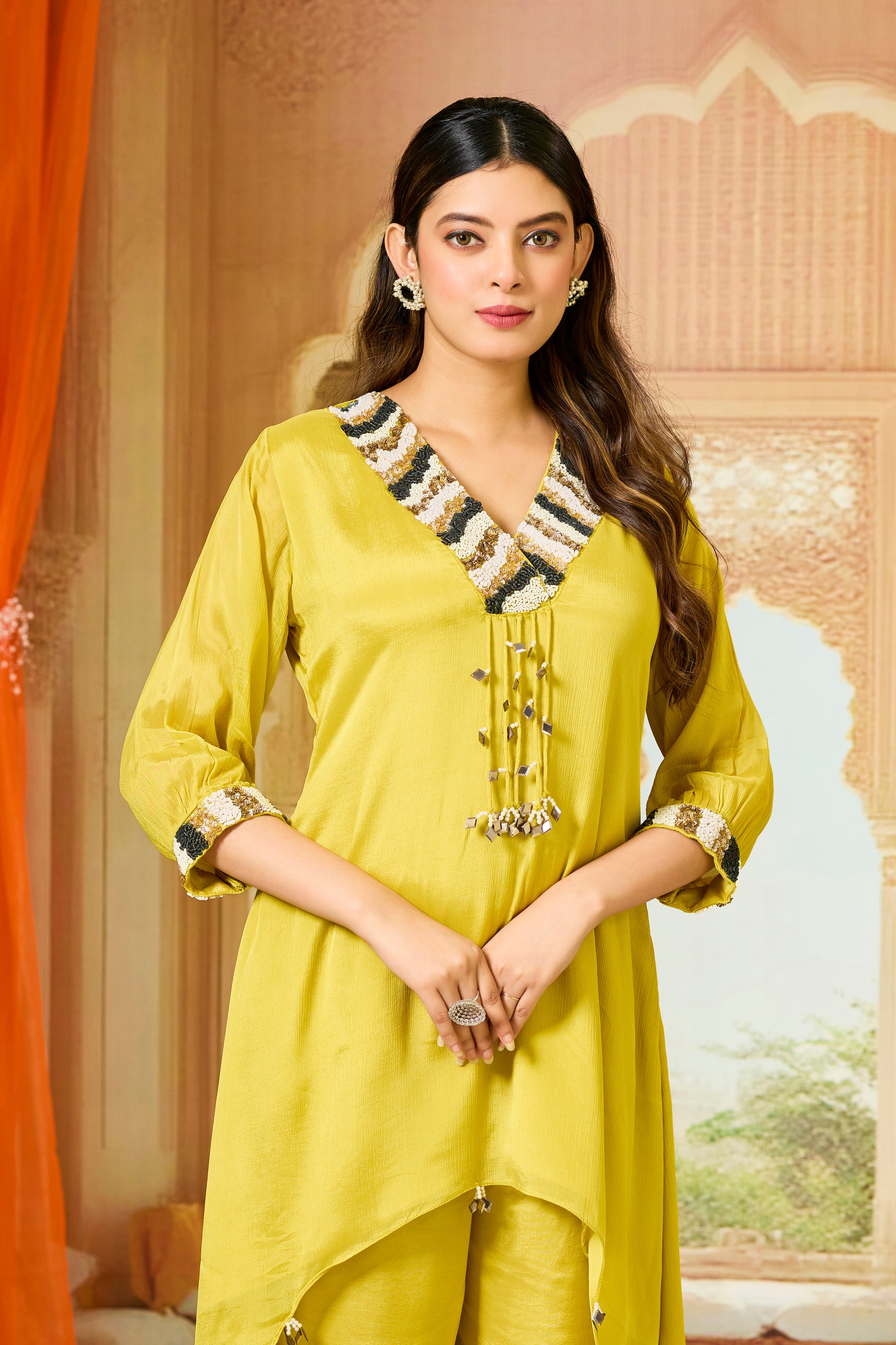 Yellow Embellished Chinon Silk Palazzo Set