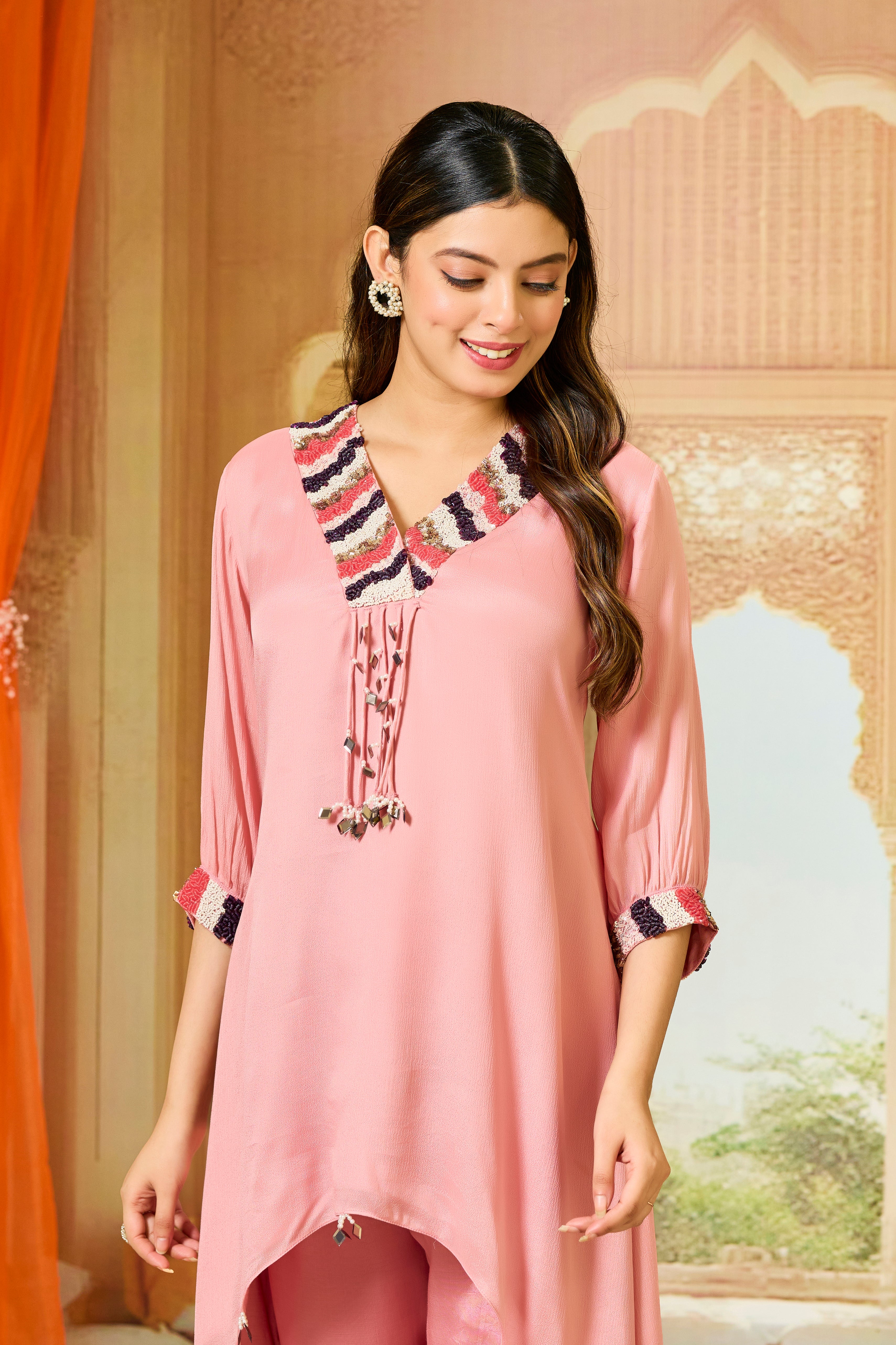 Pink Embellished Chinon Silk Palazzo Set