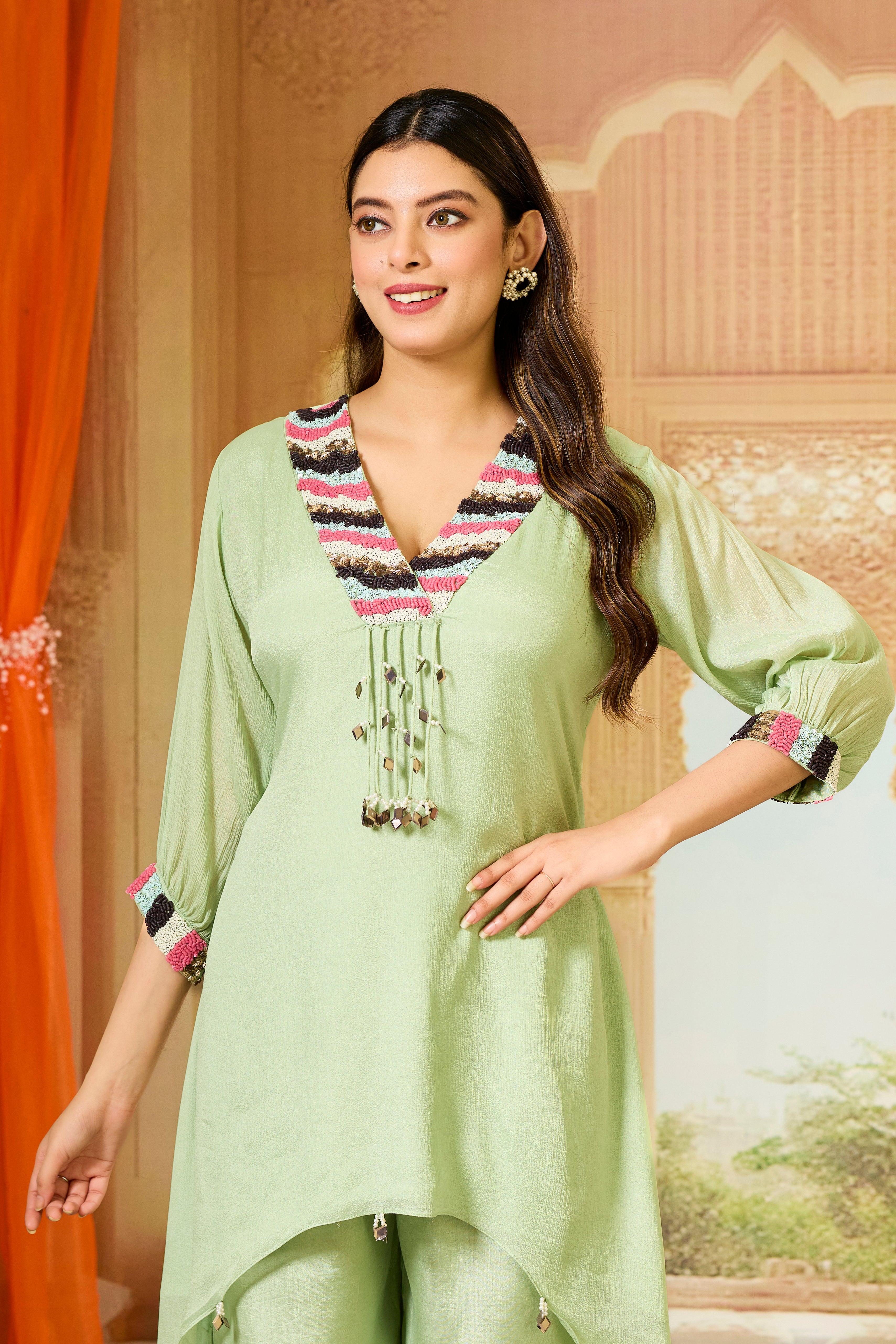 Green Embellished Chinon Silk Palazzo Set