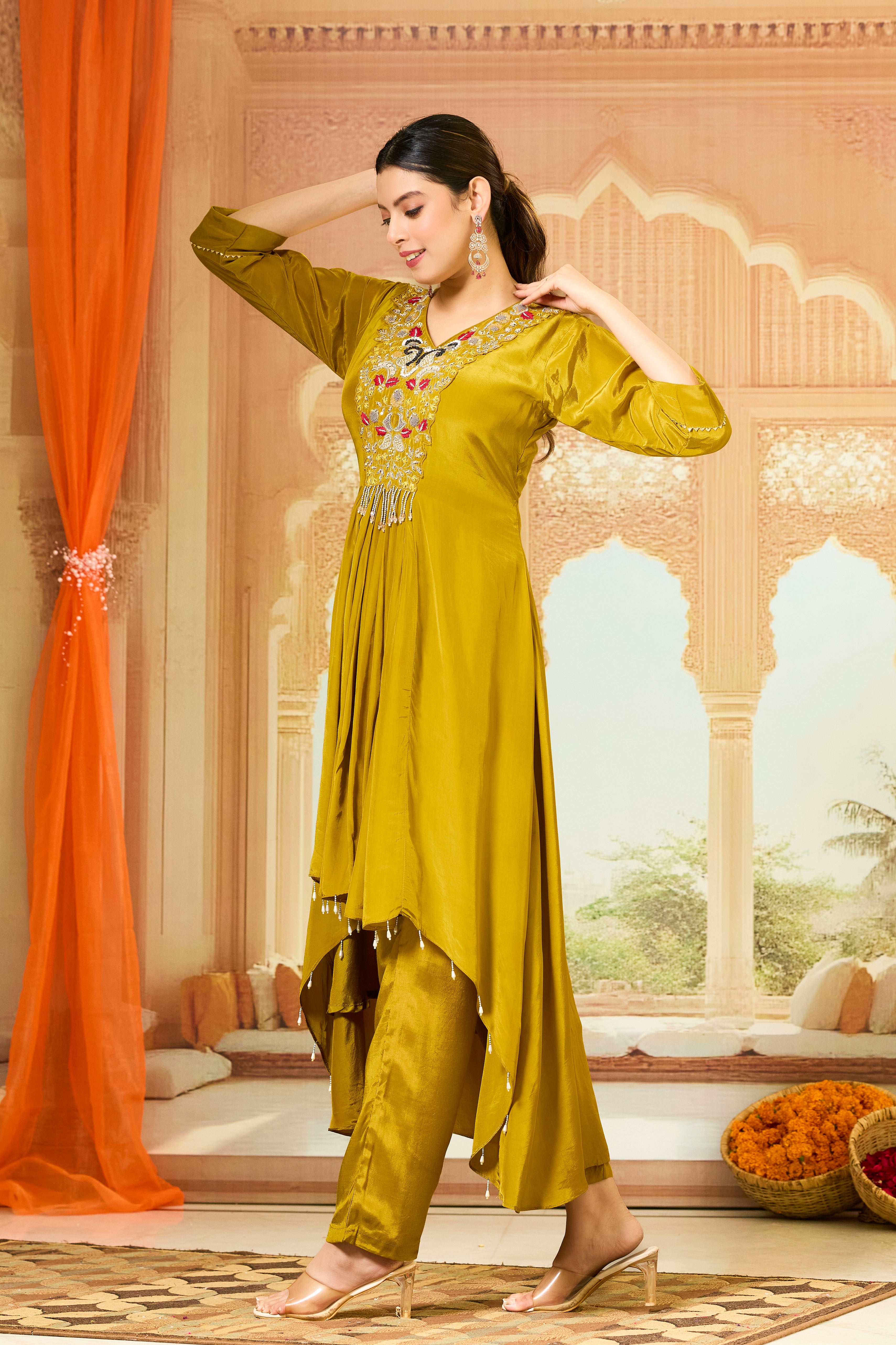 Bronze Handwork Crepe Silk Kurta & Pant Set