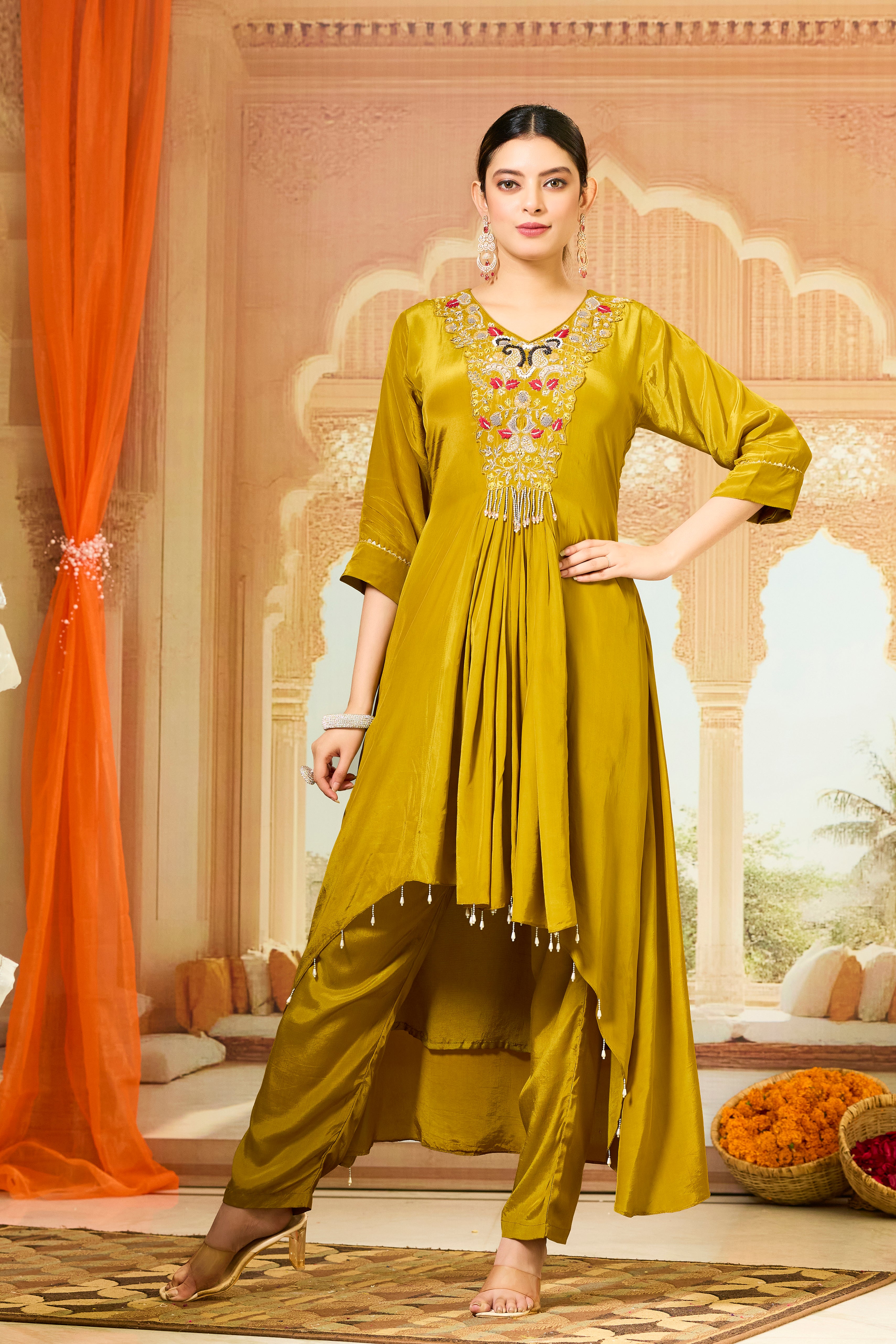 Bronze Handwork Crepe Silk Kurta & Pant Set