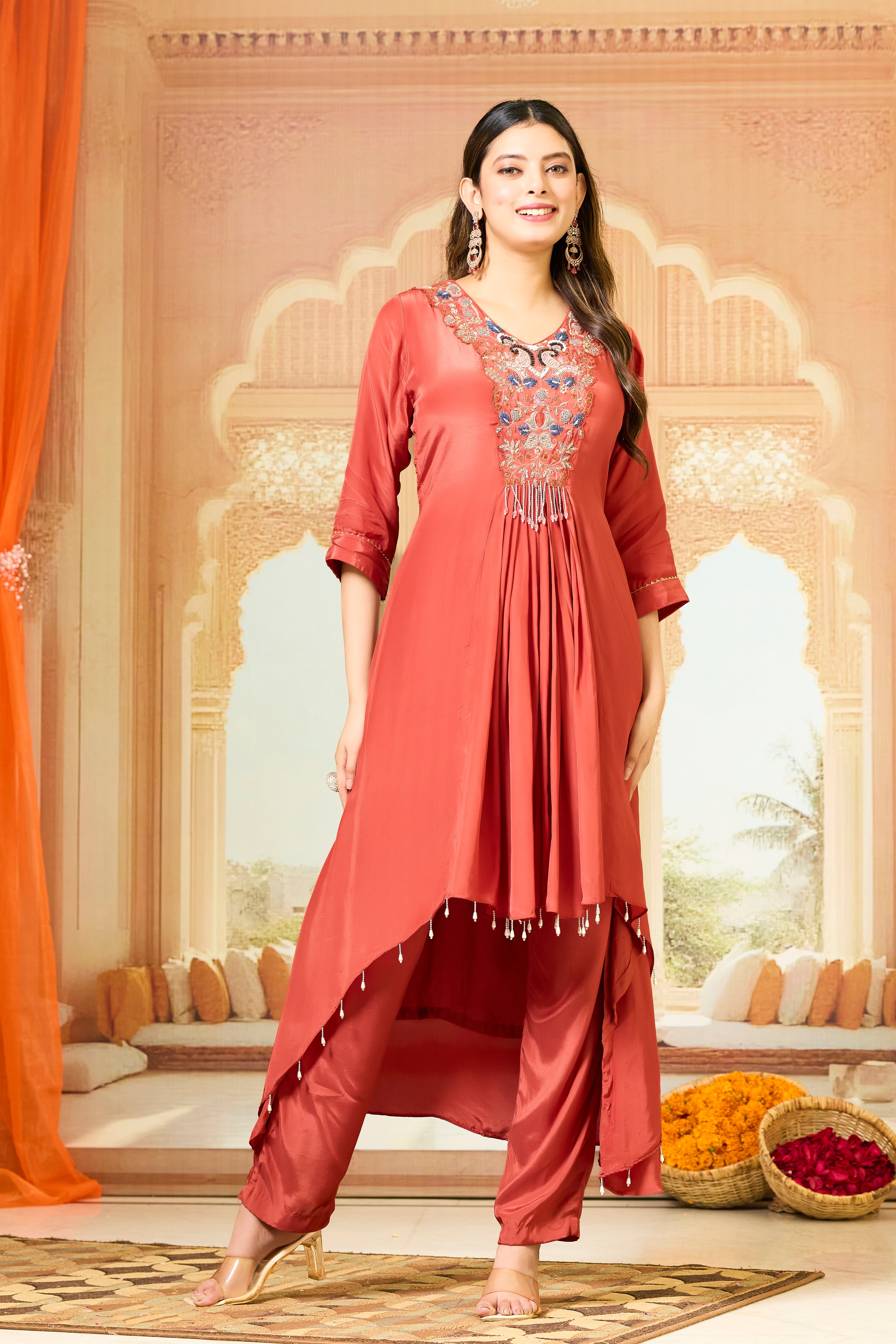 Red Handwork Crepe Silk Kurta & Pant Set
